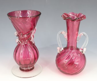 (2) ART GLASS CRANBERRY VASES