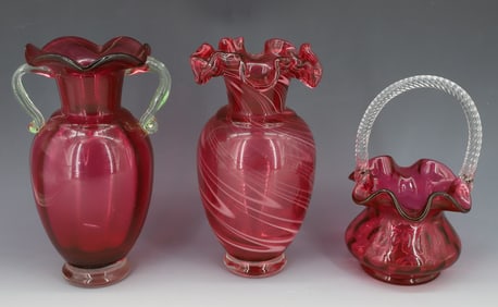 (3) ART GLASS CRANBERRY VASES