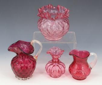 LOT OF CRANBERRY GLASS VASES AND PITCHERS