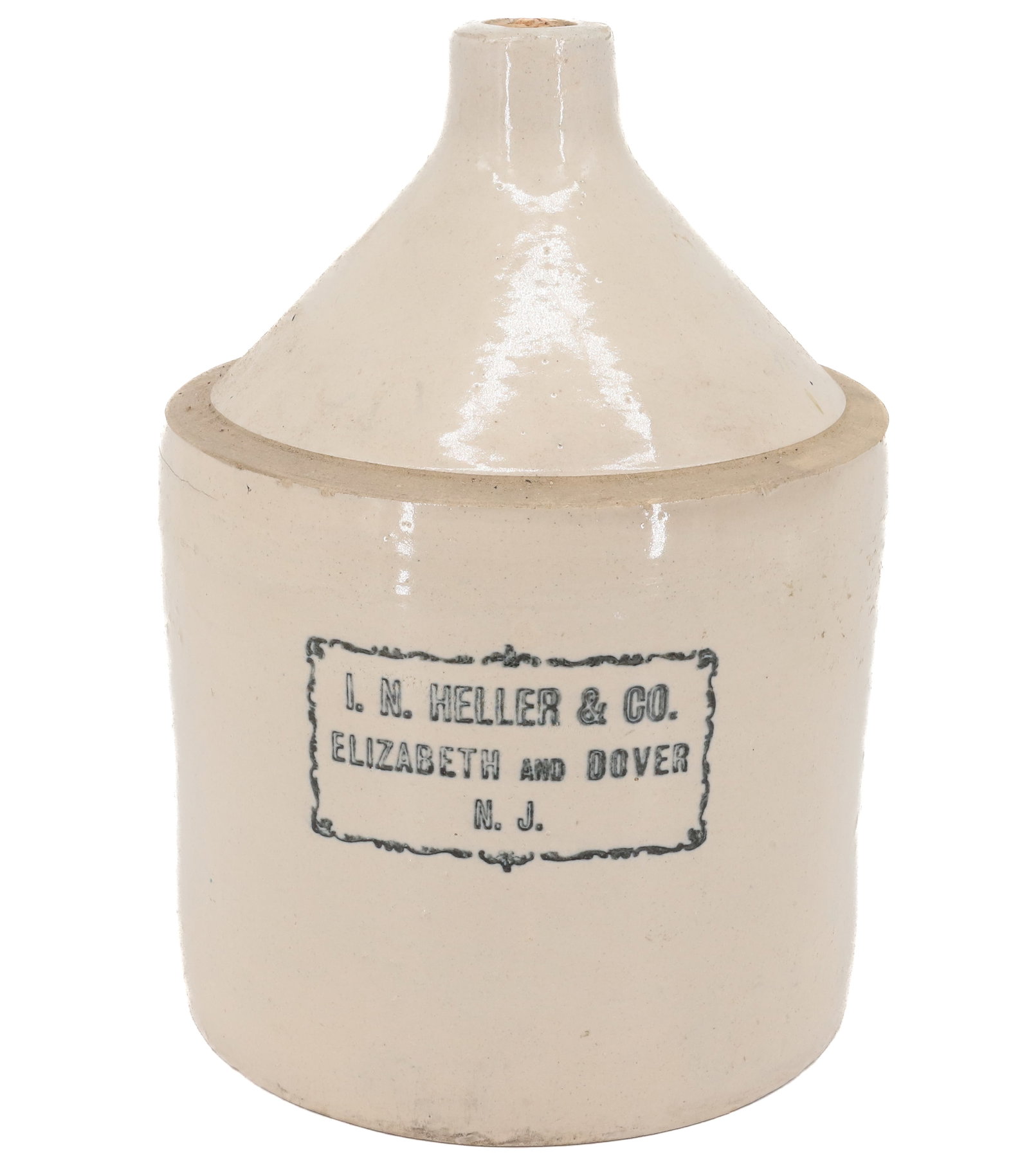 ELIZABETH AND DOVER, NJ ADVERTISING JUG: STONEWARE JUG STAMPED "I.N. HELLER & CO. ELIZABETH AND DOVER N.J.". 13" H. Terms: PLEASE READ CAREFULLY - Terms for Purchasing and Shipping of Auction Items. Please read carefully before bidding. All 