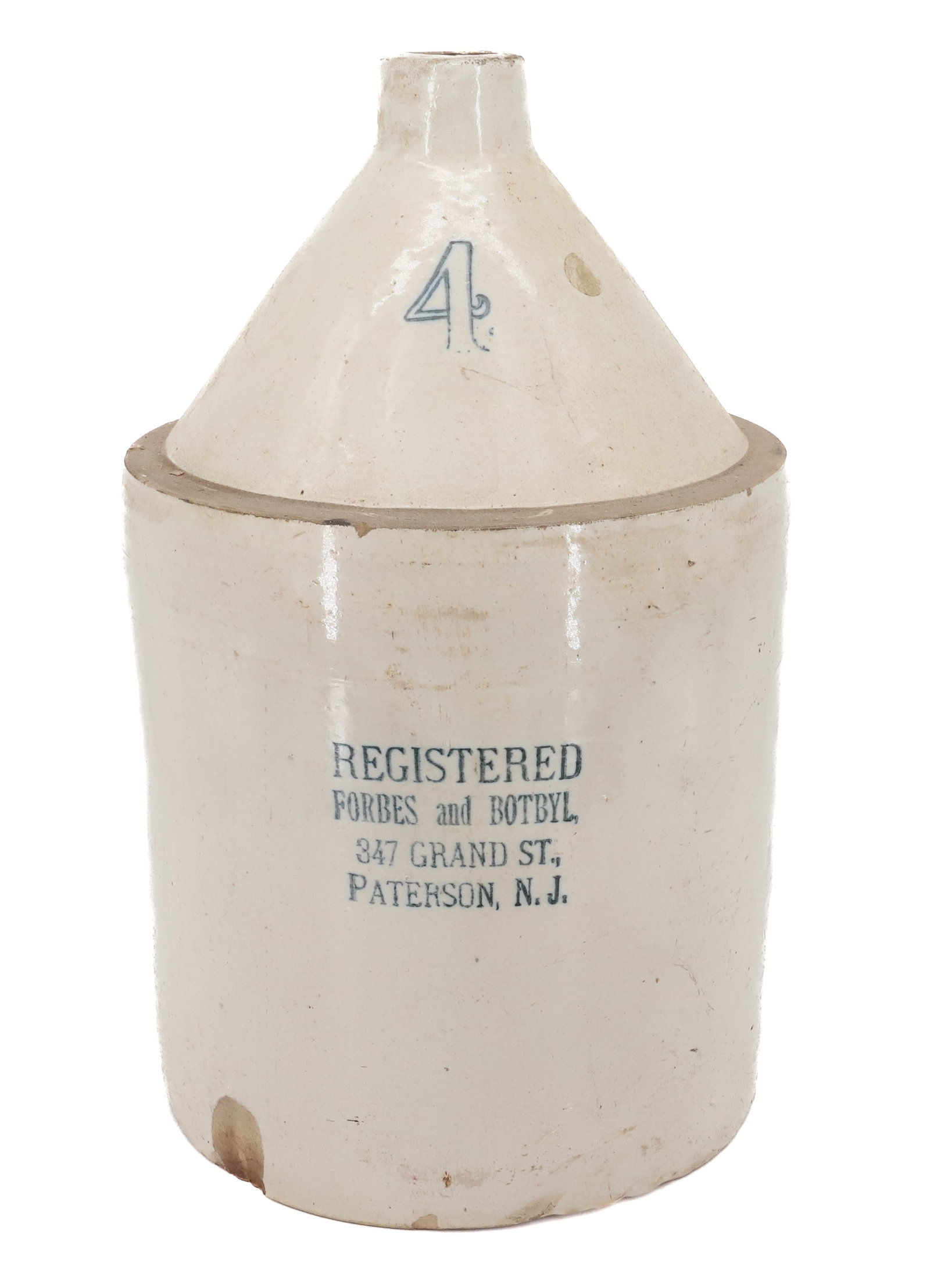 FOUR GALLON ADVERTISING JUG: STONEWARE JUG STAMPED "FORBES AND BOTBYL, PATERSON, NJ". 18" H. Terms: PLEASE READ CAREFULLY - Terms for Purchasing and Shipping of Auction Items. Please read carefully before bidding. All payments fo