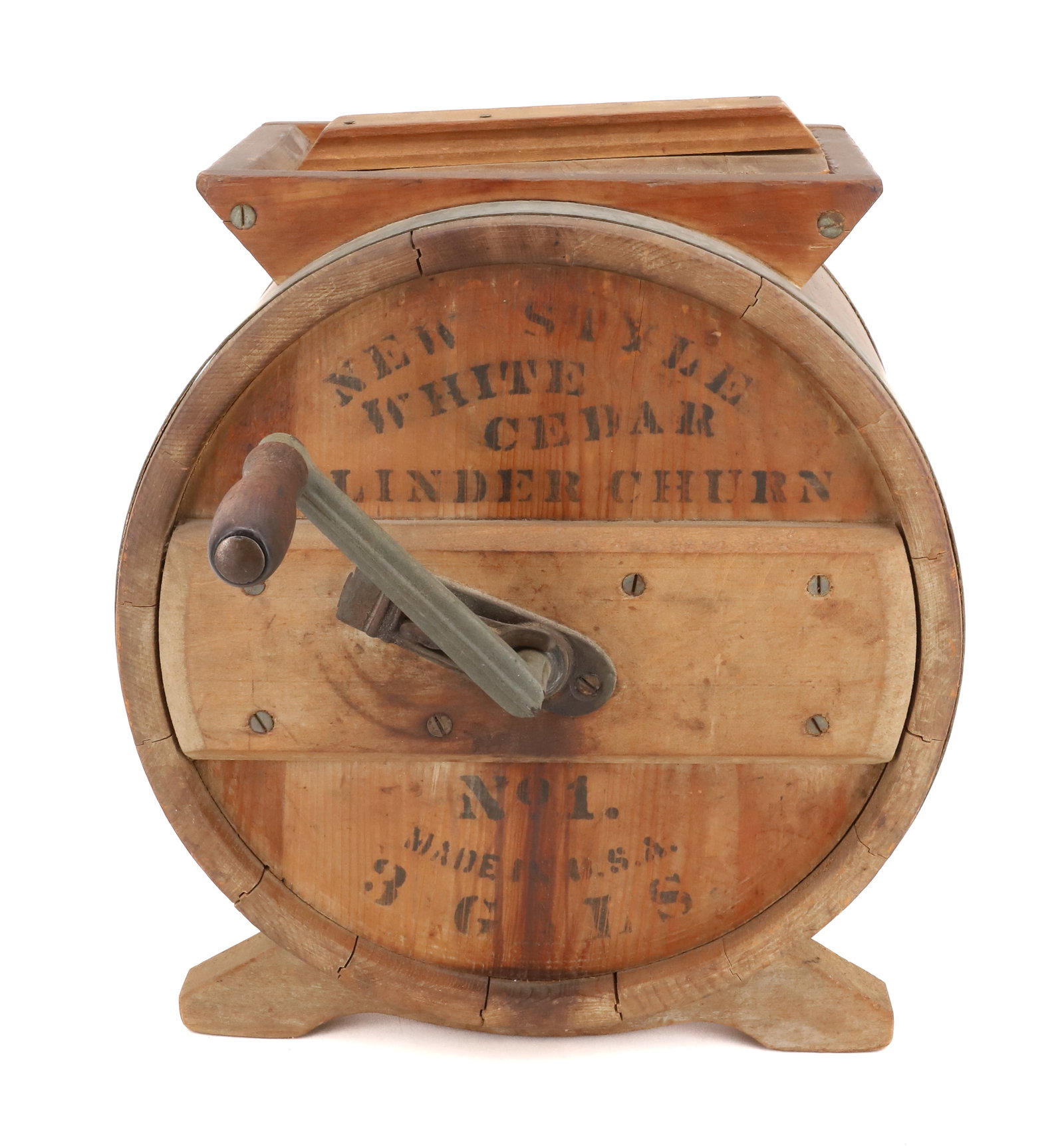 THREE-GALLON WOODEN BUTTER CHURN: STENCILED ON SIDE "WHITE CEDAR CYLINDER CHURN". 16" X 13". Terms: PLEASE READ CAREFULLY - Terms for Purchasing and Shipping of Auction Items. Please read carefully before bidding. All payments for pur