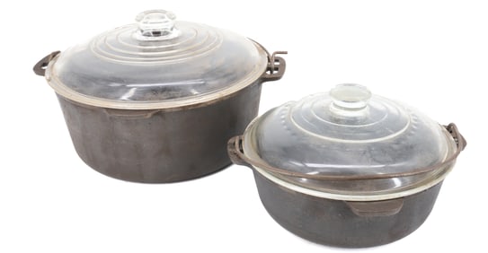(2) WAGNER WARE DUTCH OVENS WITH GLASS LIDS