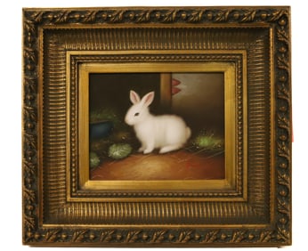 CONTEMPORARY OIL PAINTING OF RABBIT GOLD FRAME
