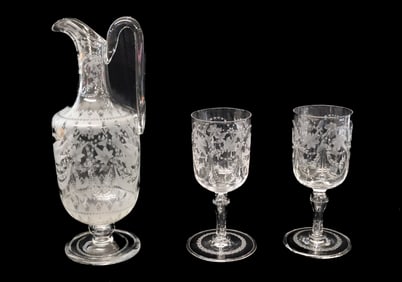 ETCHED GLASS WINE EWER AND GOBLETS