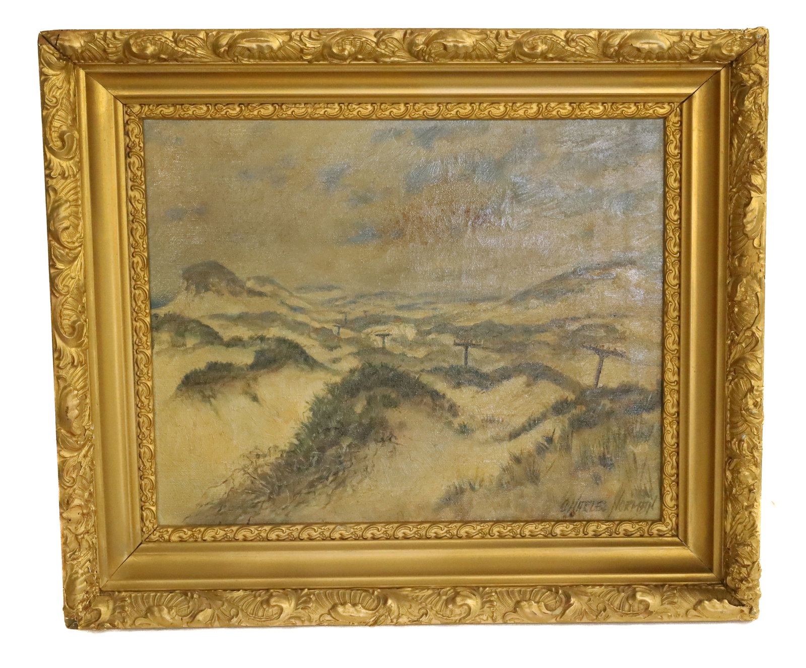 CHARLES NORMAN OIL ON CANVAS: TELEPHONE POLES IN THE DUNES. SNGD. BOTTOM RIGHT. GILT FRAME. SIGHT VIEW 15 1/2" X 19 1/2". Terms: PLEASE READ CAREFULLY - Terms for Purchasing and Shipping of Auction Items. Please read carefully bef