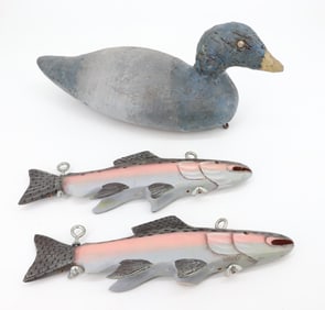 PAINTED DUCK DECOY AND FISH