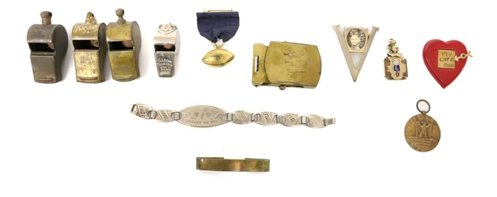 LOT OF MILITARY ITEMS AND WHISTLES