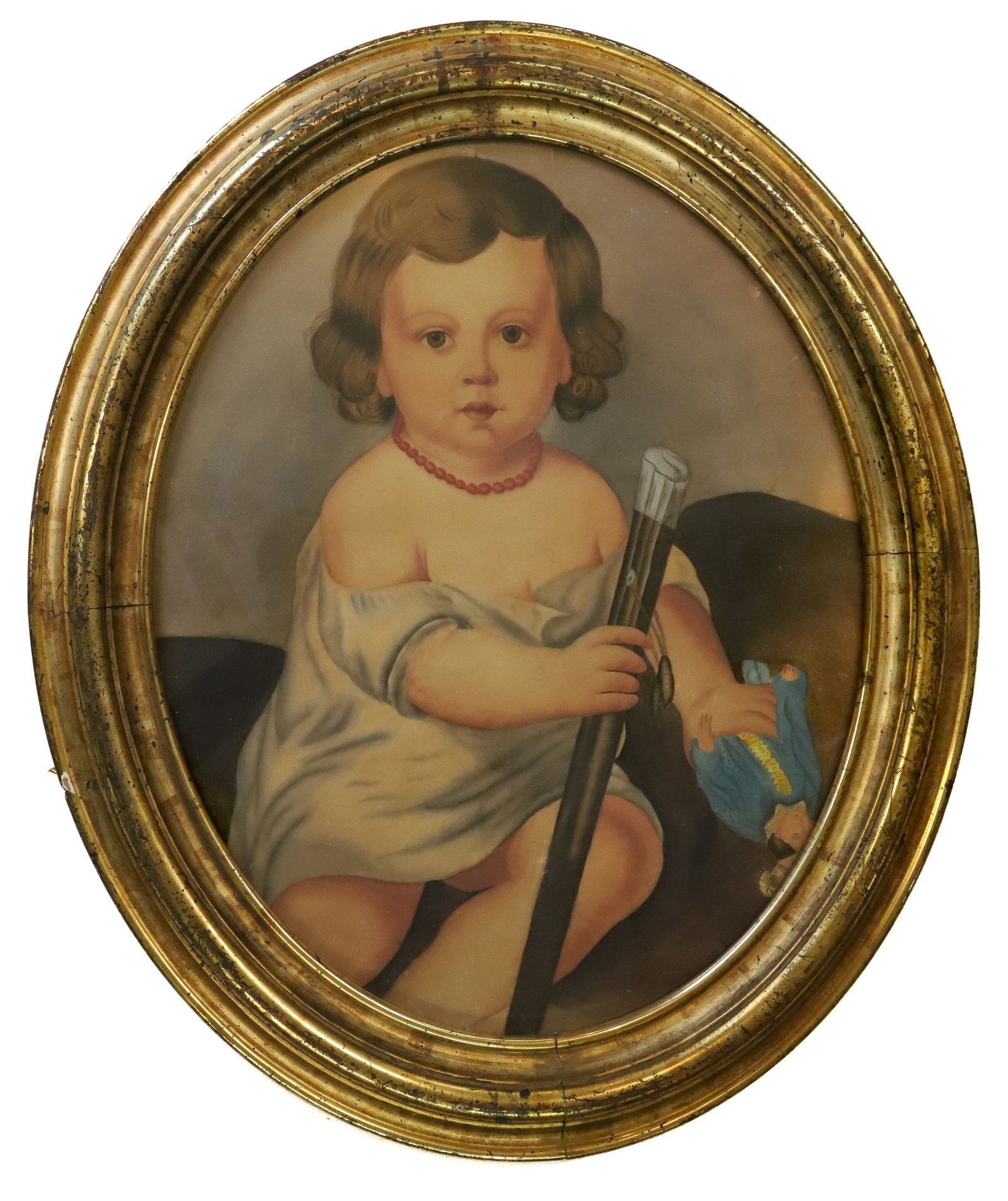 19TH C. FRAMED PORTRAIT OF A CHILD: GILT FRAME WITH PASTEL (OR WATERCOLOR) OF CHILD HOLDING CANE AND DOLL. CORAL NECKLACE. SIGHT VIEW 21 1/2" X 17". TOTAL SIZE 27" X 23". Terms: PLEASE READ CAREFULLY - Terms for Purchasing and Shipping 