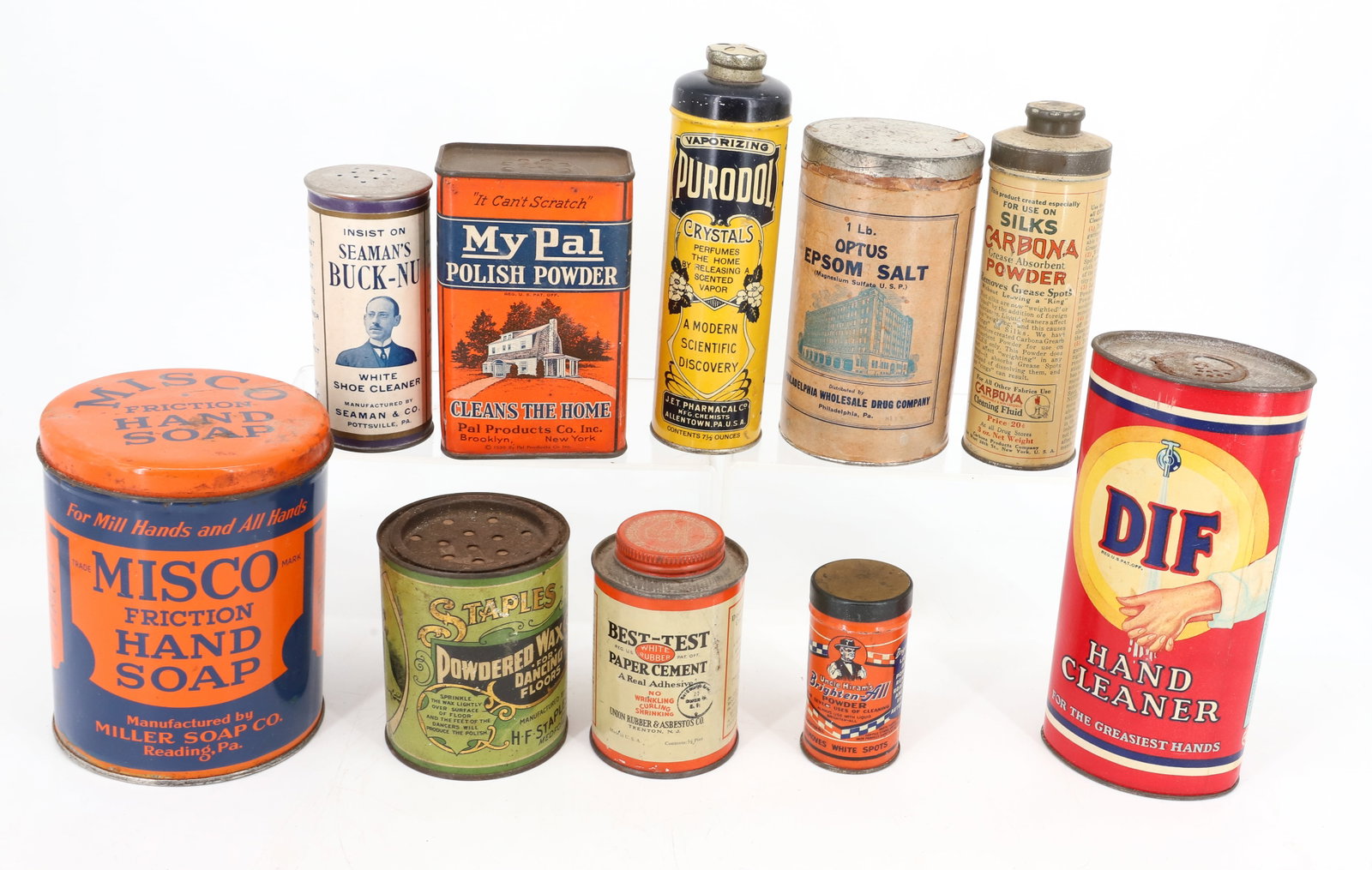 LOT OF VINTAGE TINS: INCLUDING: MY PAL POLISH POWDER, STAPLES POWDERED WAX, PURODOL, DIF AND MORE. 3" TO 7" H. PLEASE READ CAREFULLY - Terms for Purchasing and Shipping of Auction Items. Please read carefully before biddi