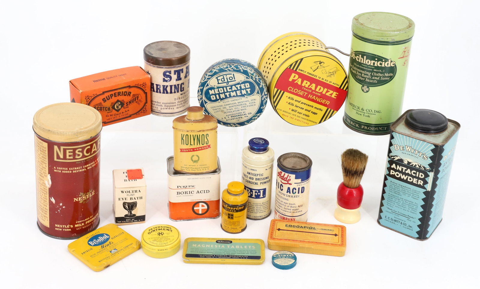 LOT OF VINTAGE TINS: INCLUDING: PARADIZE, NESCAFE, DI-CHLORICIDE, STAR BAKING POWDER, DE WITT'S ANTACID POWDER AND MORE. 1" TO 6" H. PLEASE READ CAREFULLY - Terms for Purchasing and Shipping of Auction Items. Please read 