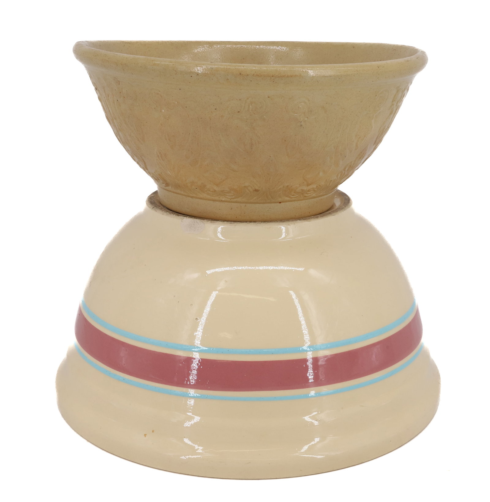 (2) YELLOW WARE MIXING BOWLS: EMBOSSED YELLOW WARE BOWL 5" X 12" AND BANDED BOWL MRKD. WATT 7" X 14 1/4". PLEASE READ CAREFULLY - Terms for Purchasing and Shipping of Auction Items. Please read carefully before bidding. All paymen