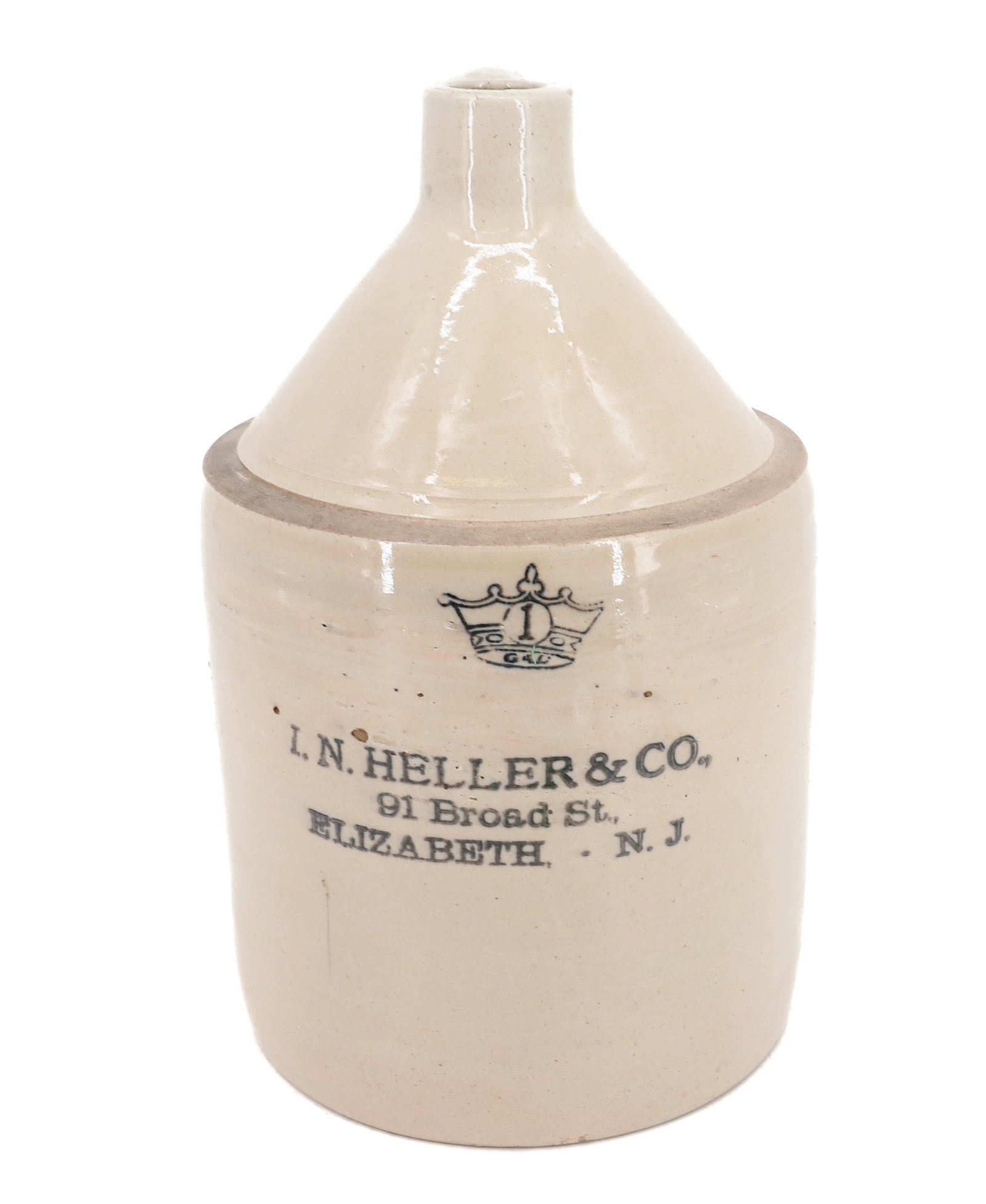 ELIZABETH, NJ STONEWARE ADVERTISING JUG: "I.N. HELLER & CO., 91 BROAD ST." 11 1/2" H. PLEASE READ CAREFULLY - Terms for Purchasing and Shipping of Auction Items. Please read carefully before bidding. All payments for purchases will be made t