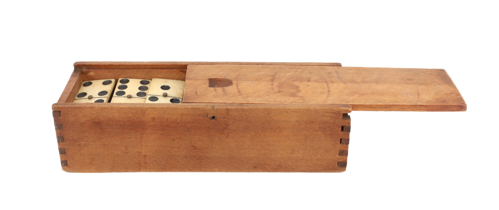 19TH C. DOMINOES IN ORIGINAL BOX: 28 EBONY AND BONE DOMINOES IN SLIDE LID BOX. DOMINOES 1 7/8" L. PLEASE READ CAREFULLY - Terms for Purchasing and Shipping of Auction Items. Please read carefully before bidding. All payments for purch
