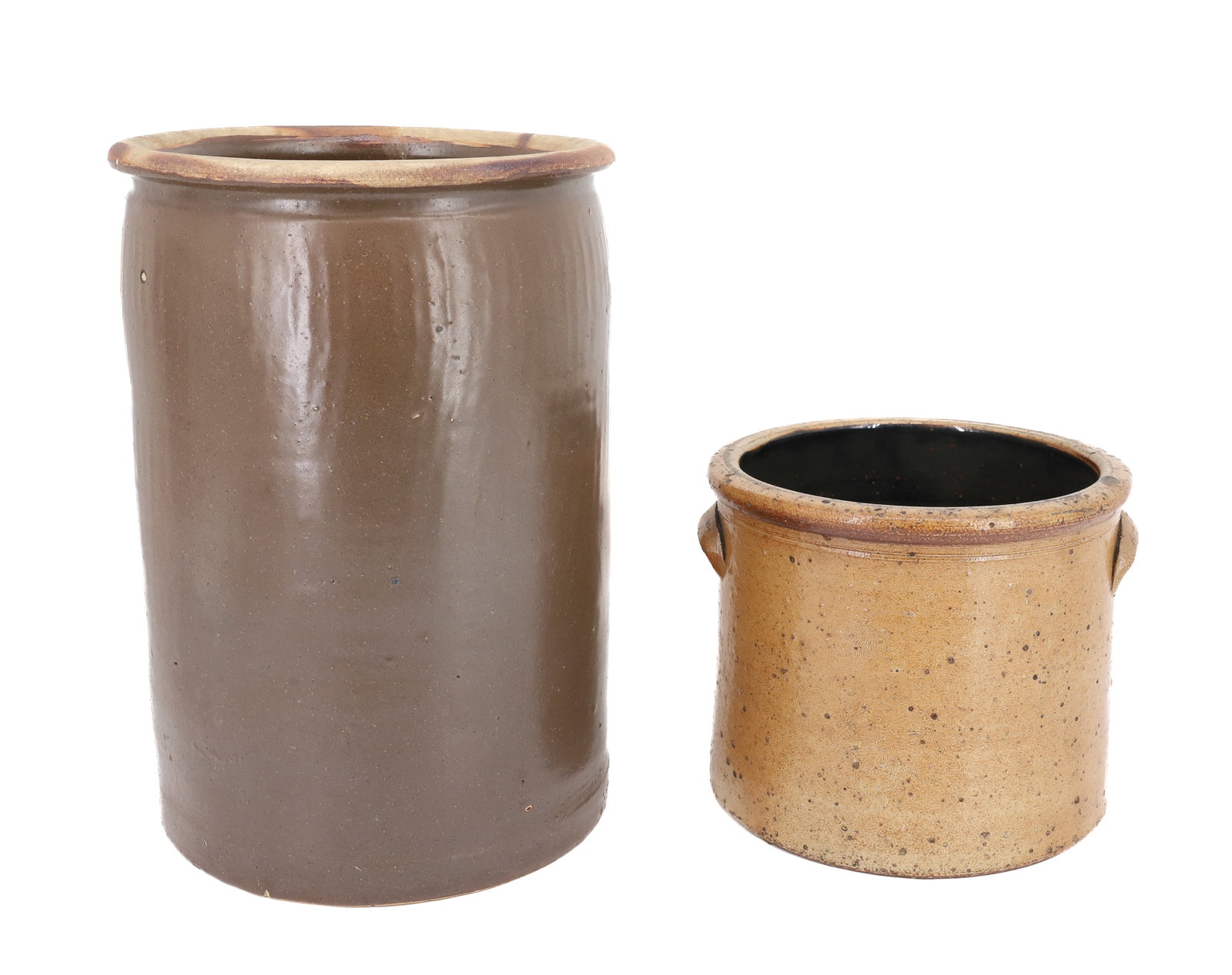 (2) STONEWARE CROCKS: BROWN AND TAN GLAZED CROCKS. 6 3/4" TO 12 3/4" HEIGHTS. PLEASE READ CAREFULLY - Terms for Purchasing and Shipping of Auction Items. Please read carefully before bidding. All payments for purchases wil