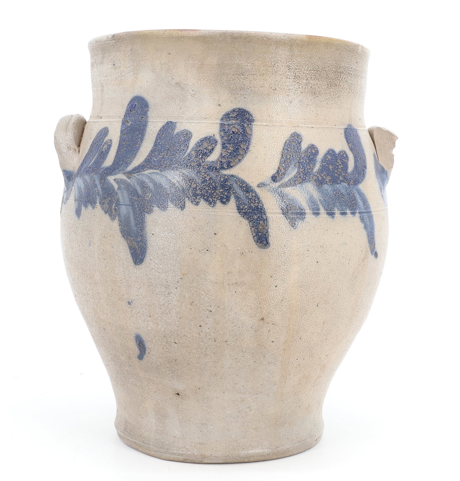BLUE DECORATED STONEWARE CROCK: FLORAL DECORATION AROUND TOP. TWO LUG HANDLES. 10 3/4" H. PLEASE READ CAREFULLY - Terms for Purchasing and Shipping of Auction Items. Please read carefully before bidding. All payments for purchases w