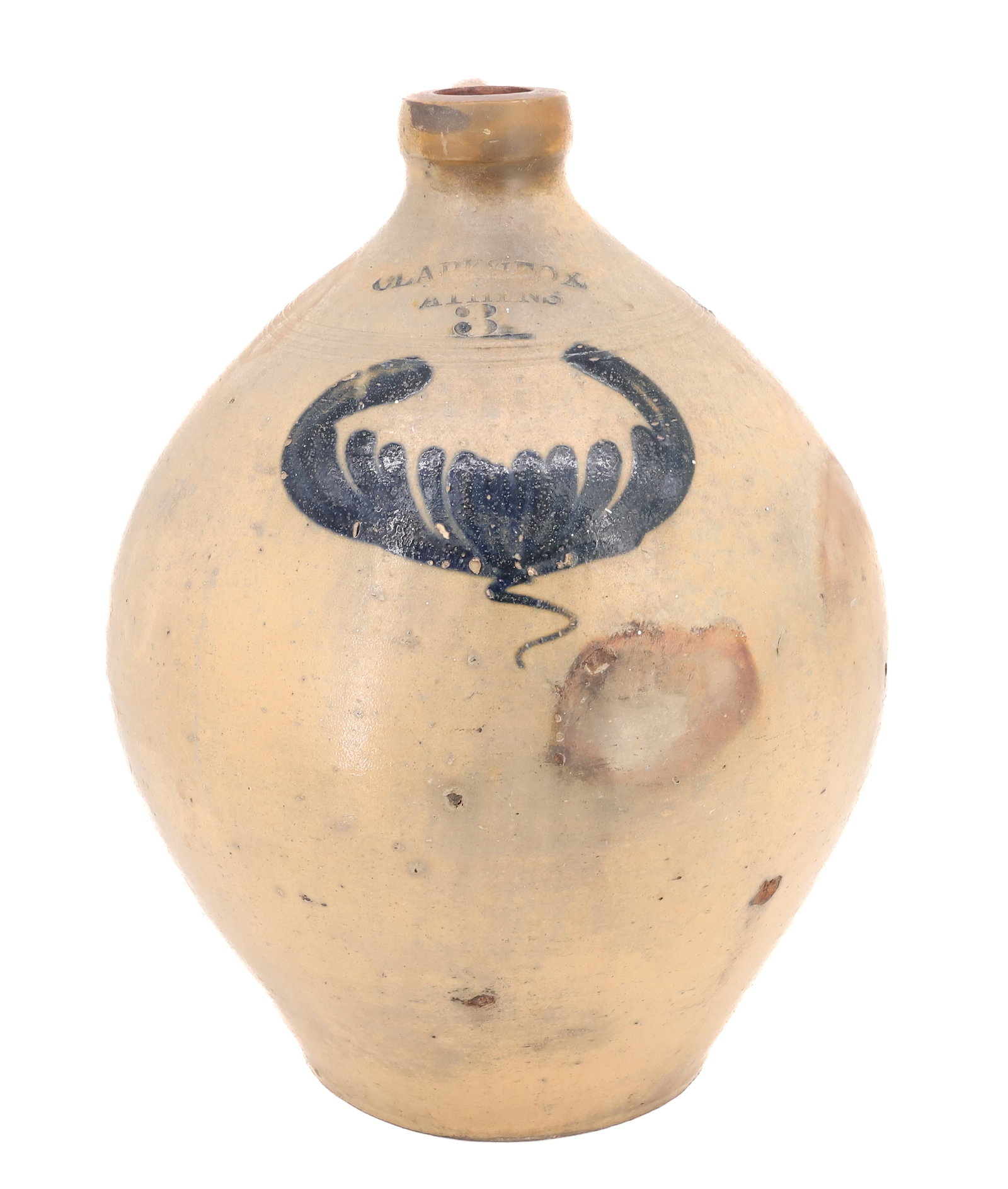 BLUE DECORATED OVOID JUG: BLUE DESIGN, IMPRESSED "CLARK & FOX, ATHENS. THREE GALLON SIZE. 15 1/2" H. PLEASE READ CAREFULLY - Terms for Purchasing and Shipping of Auction Items. Please read carefully before bidding. All payment