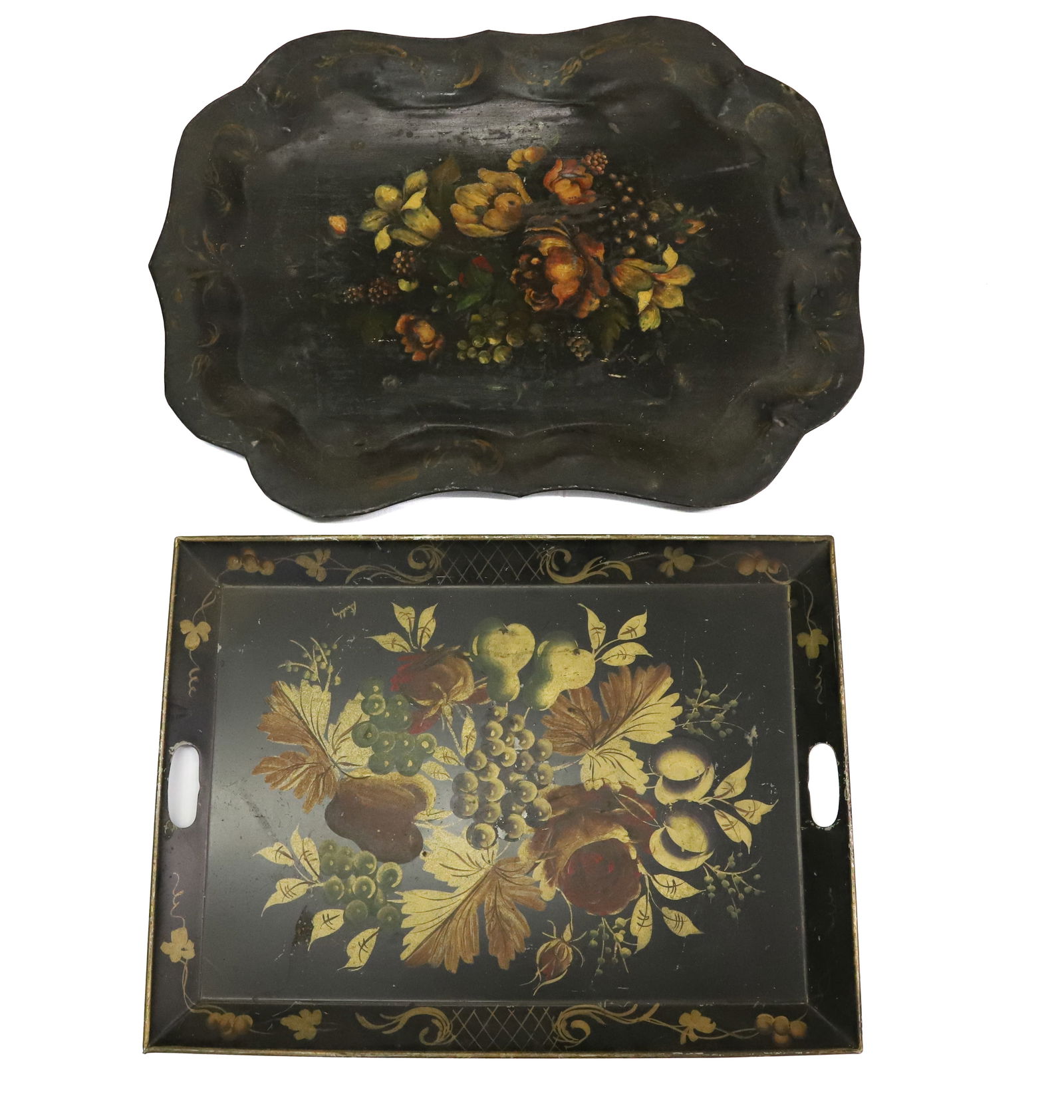 (2) TOLEWARE TRAYS: BLACK/GOLD PAINTED WITH FLORAL DECORATION. 24 1/2" AND 28 1/2" LENGTHS. PLEASE READ CAREFULLY - Terms for Purchasing and Shipping of Auction Items. Please read carefully before bidding. All payments f