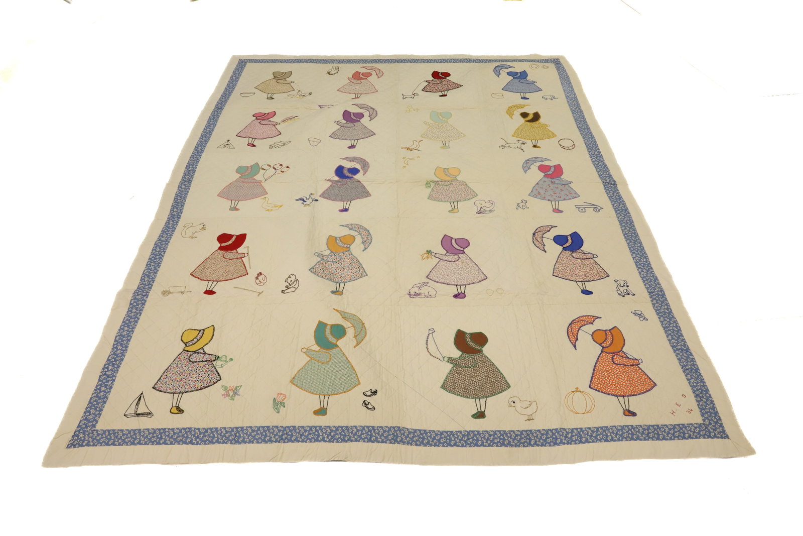 1936 SUNBONNET GIRL HANDMADE QUILT: VARIOUS SUNBONNET POSES WITH ANIMALS. MACHINE AND HAND STITCHED. INITIALED/DATED "HES 36 " IN CORNER. 90" X 76". PLEASE READ CAREFULLY - Terms for Purchasing and Shipping of Auction Items. Please read