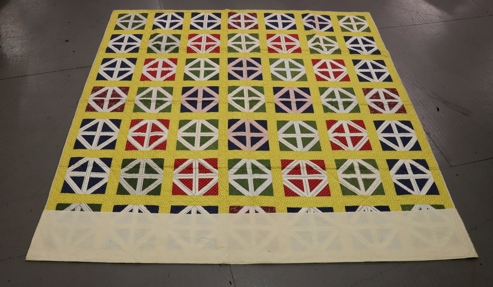 VINTAGE HANDMADE QUILT: SQUARE AND DIAMOND PATTERN, MACHINE AND HAND STITCHED, SIGNED ON BACK CORNER; BLANCHE TREWIN - THIN BATTING, 75" X 72" PLEASE READ CAREFULLY - Terms for Purchasing and Shipping of Auction Items. Pleas