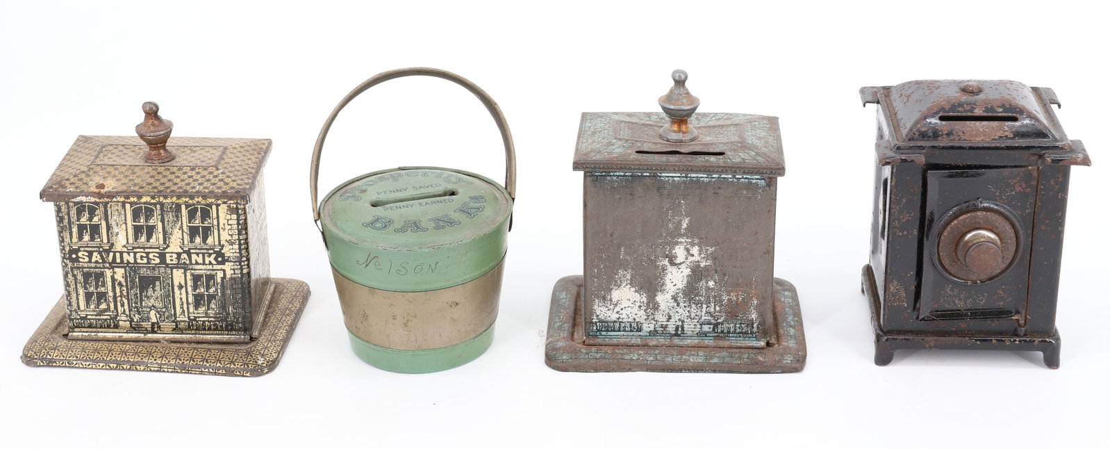 LOT OF TIN STILL BANKS: (4) BANKS INCLUDING; (2) BUILDING, SAFE, AND BUCKLE - LARGEST 4" H PLEASE READ CAREFULLY - Terms for Purchasing and Shipping of Auction Items. Please read carefully before bidding. All payments for pu