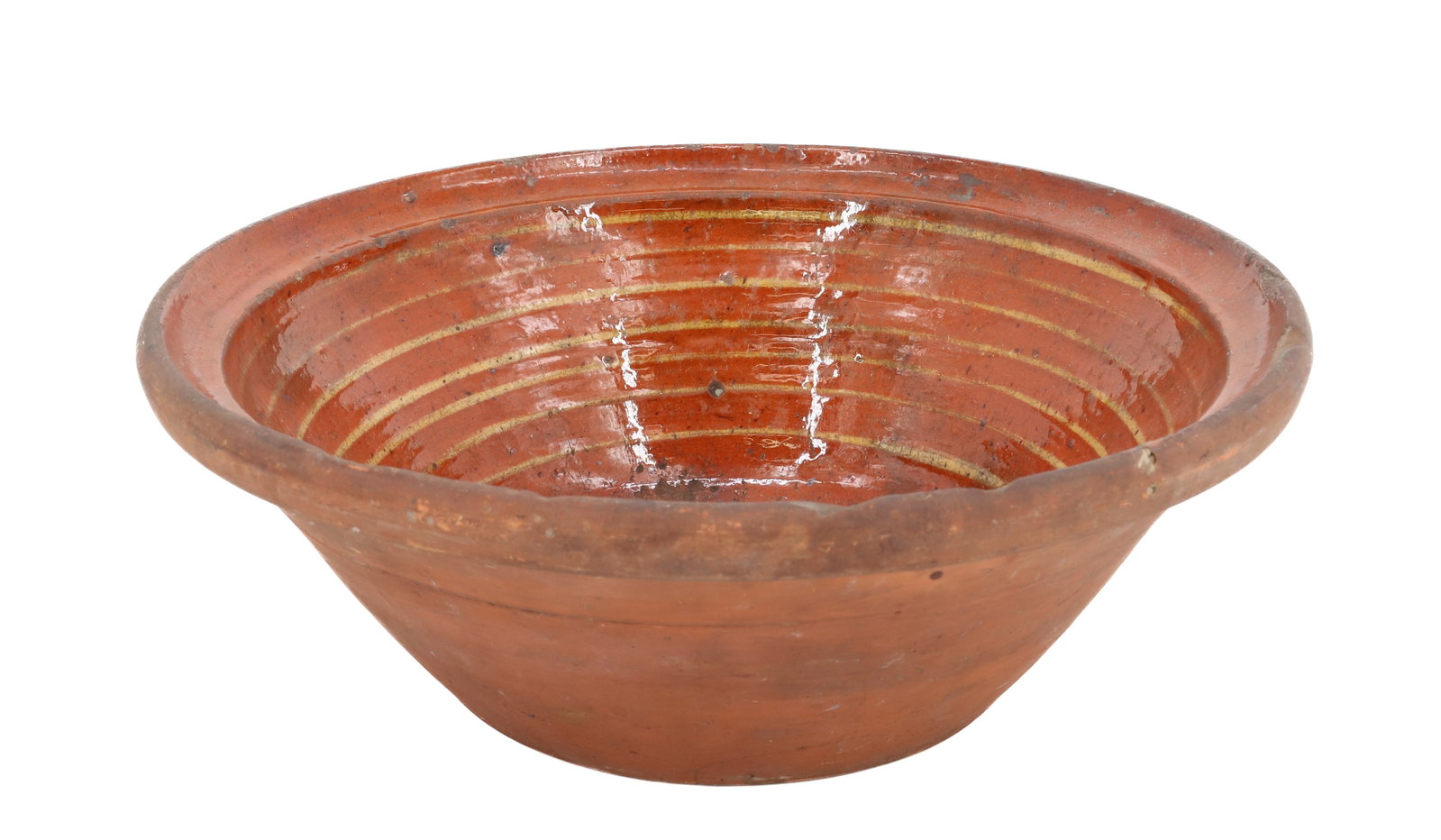 DECORATED REDWARE BOWL: ORANGE GLAZE WITH (7) CONCENTRIC YELLOWS LINES INTERIOR, UNGLAZED EXTERIOR - 3 1/2" X 11" PLEASE READ CAREFULLY - Terms for Purchasing and Shipping of Auction Items. Please read carefully before biddi