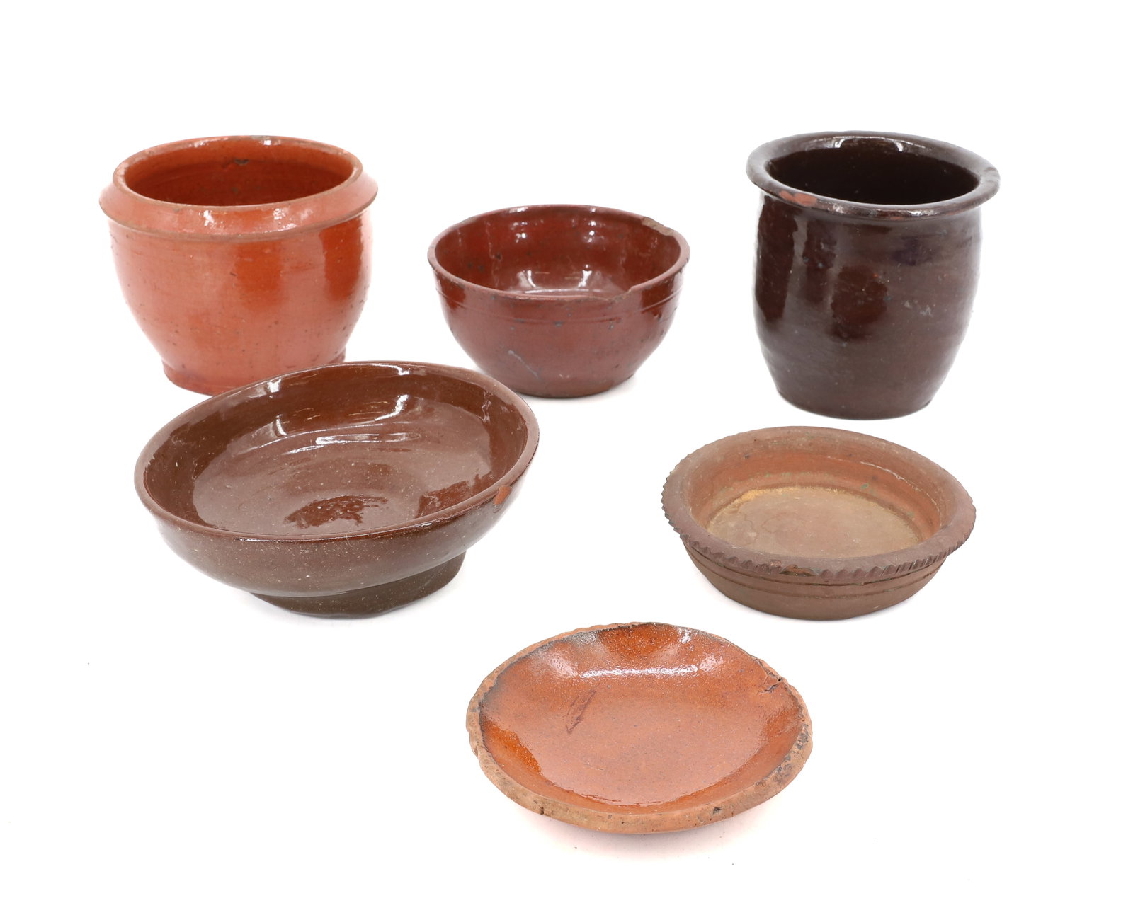 LARGE LOT OF GLAZED REDWARE: (6) PIECES INCLUDING; MINI TART PLATE (3 3/4"), CROCKS, FOOTED BOWL, AND MORE - LARGEST 3 3/4" H PLEASE READ CAREFULLY - Terms for Purchasing and Shipping of Auction Items. Please read carefully befor