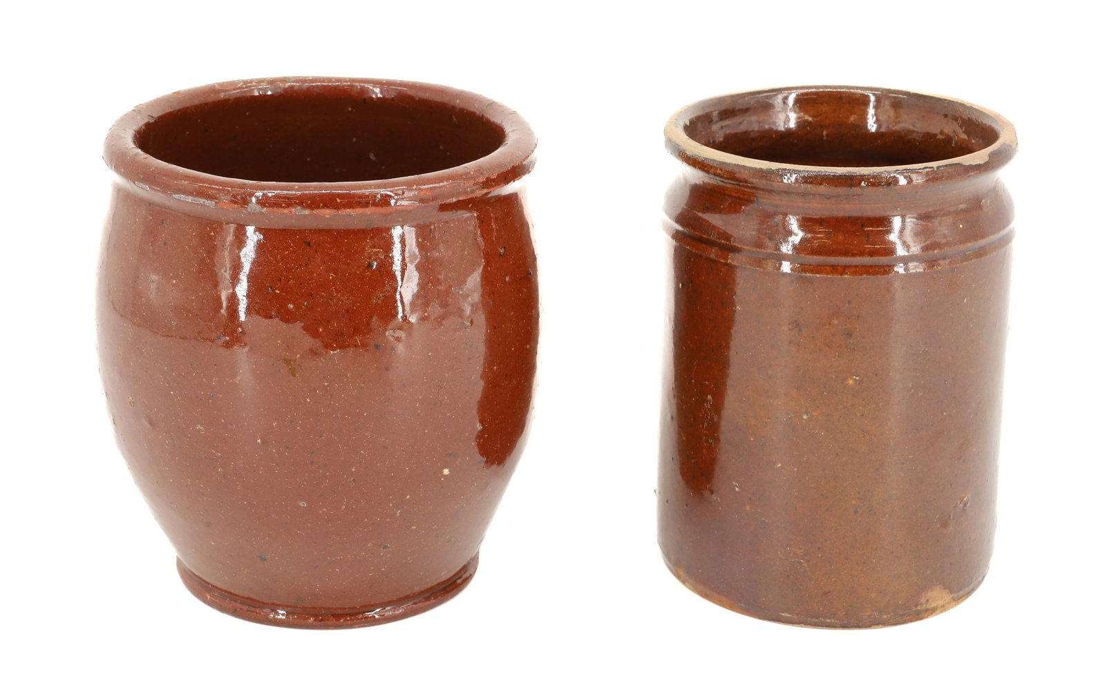 (2) REDWARE CROCKS: (2) GLAZED CROCKS - 5" H PLEASE READ CAREFULLY - Terms for Purchasing and Shipping of Auction Items. Please read carefully before bidding. All payments for purchases will be made through LiveAuctionee