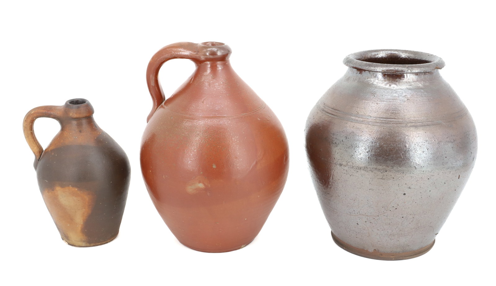LOT OF OVOID CROCKS: (3) INCLUDING; OVOID JAR WITH BROWN GLAZE (9" H), SMALL OVOID JUG (6 3/4" H), AND LARGER OVOID JUG (9 1/4" H) PLEASE READ CAREFULLY - Terms for Purchasing and Shipping of Auction Items. Please read ca