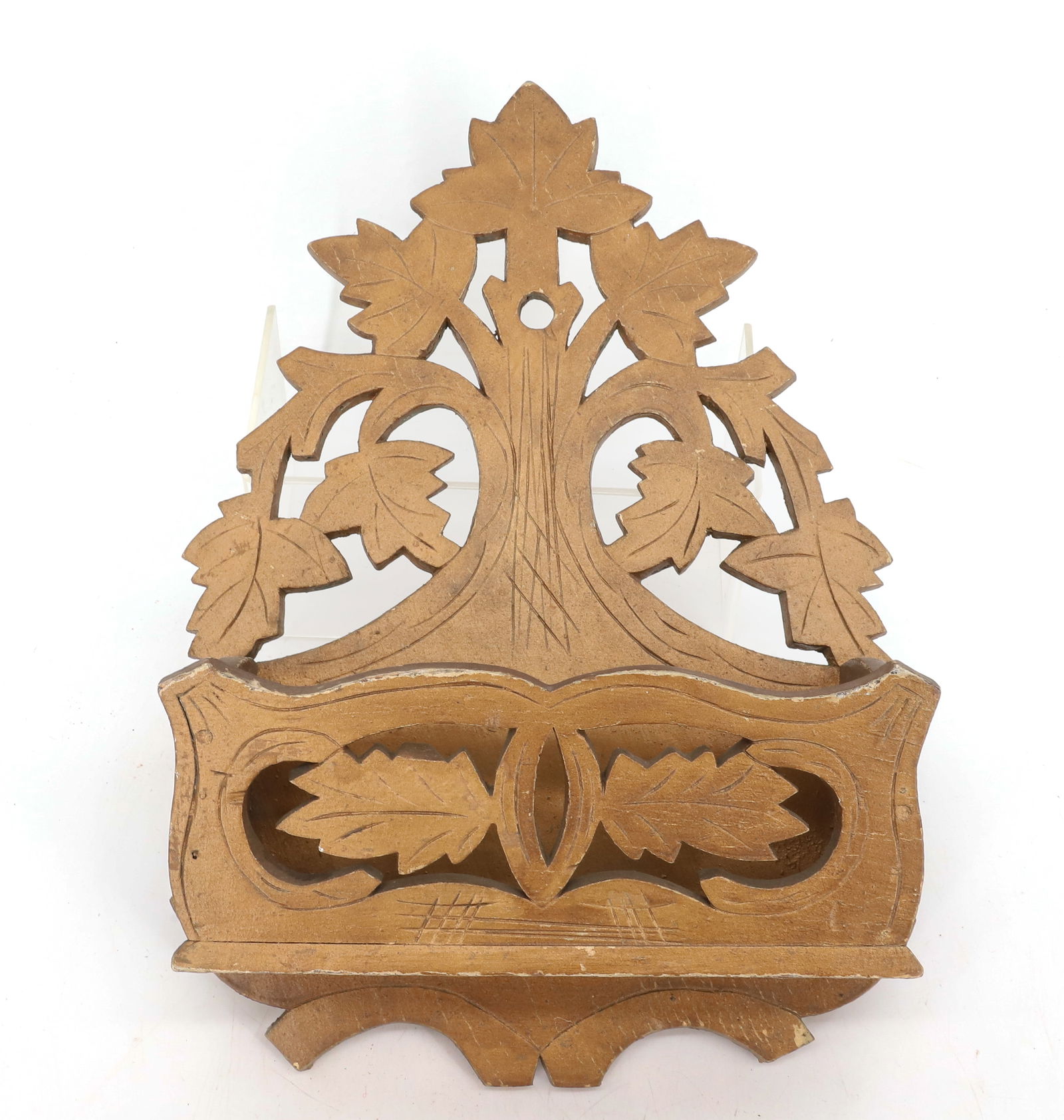 PAINTED WOODEN WALL BOX: GOLD PAINTED WITH LEAF MOTIF, MADE FROM CRATES - 15" L PLEASE READ CAREFULLY - Terms for Purchasing and Shipping of Auction Items. Please read carefully before bidding. All payments for purchases will