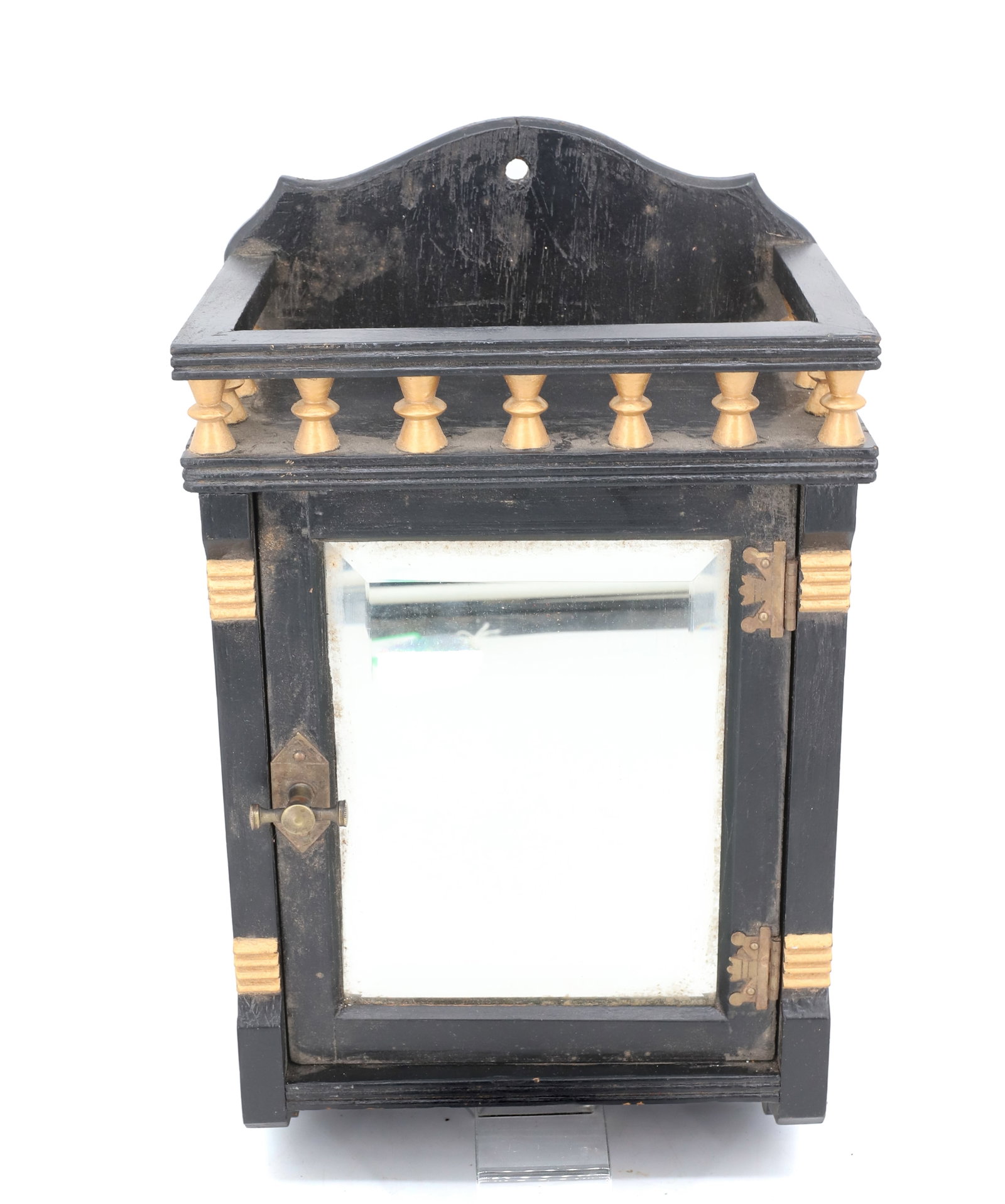 EAST LAKE ONE DRAWER WALL CABINET: MIRRORED DOOR WITH BLACK AND GOLD PAINT - 15" X 9" X 5 1/2" PLEASE READ CAREFULLY - Terms for Purchasing and Shipping of Auction Items. Please read carefully before bidding. All payments for purchases