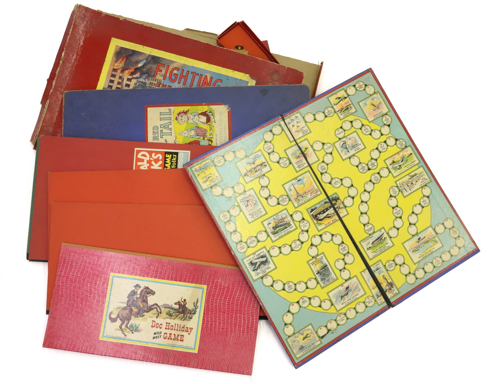 LOT OF VINTAGE BOARD GAMES: INCLUDING; LITTLE RED BUSHY-TAIL, ELSIE THE COW, DONALD DUCK A PARTY GAME (1938), FIGHTING THE FLAMES IN ORIGINAL BOX, AND MORE PLEASE READ CAREFULLY - Terms for Purchasing and Shipping of Auction Ite