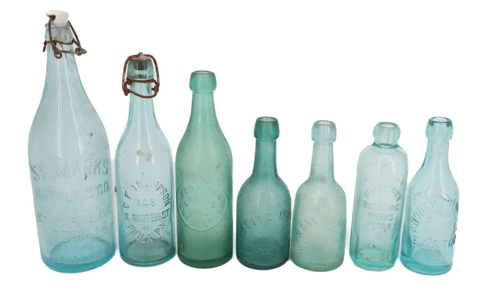 LOT OF ADVERTISING BOTTLE S: VARIOUS AQUA BOTTLES INCLUDING; ANDREW NEWMAN "EASTON, PA" - BORMANN KUEBLER "EASTON, PA" - SEITZ, AND MORE - 7" TO 11" H PLEASE READ CAREFULLY - Terms for Purchasing and Shipping of Auction Items. Pl