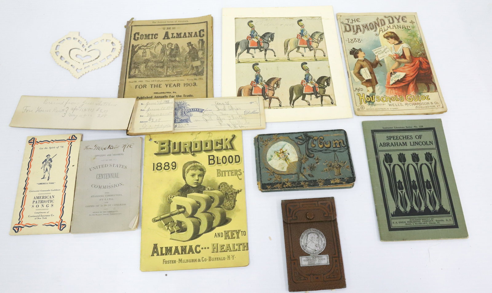 LOT OF VINTAGE PAPER GOODS: INCLUDING; 19TH CENTURY ALMANACS, ABRAHAM LINCOLN SPEECHES, AUTOGRAPH BOOK, EARLY CHECK BOOK, AND MORE PLEASE READ CAREFULLY - Terms for Purchasing and Shipping of Auction Items. Please read carefully