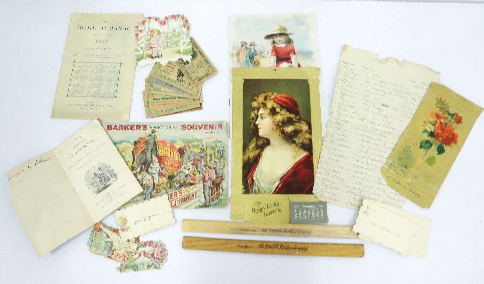 LOT OF ANTIQUE PAPER GOODS: INCLUDING: BARKER'S SOUVENIR BOOKLET, COCA COLA RULERS, MOREY-LA RUE LAUNDRY CO. CALENDAR 1905 AND MORE. PLEASE READ CAREFULLY - Terms for Purchasing and Shipping of Auction Items. Please read careful