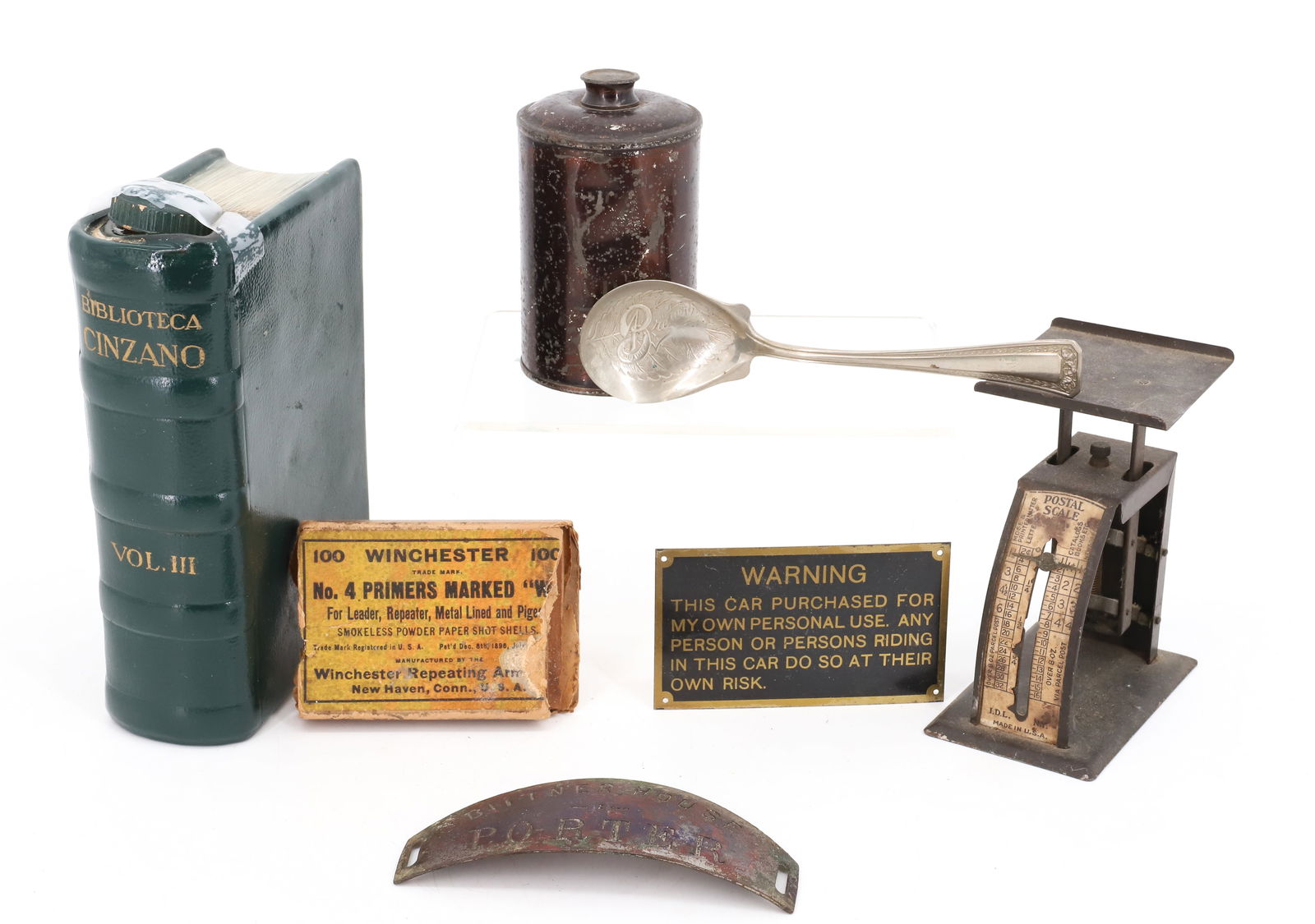 LOT OF VINTAGE SMALLS: INCLUDING: POSTAL SCALE, JAPANNED TIN SHOT CONTAINER, POTTERY BOOK FLASK 6 1/4" L., BREYER'S ADVERTISING SPOON, PORTER PLACARD (BITTNER HOUSE) AND MORE. PLEASE READ CAREFULLY - Terms for Purchasing an
