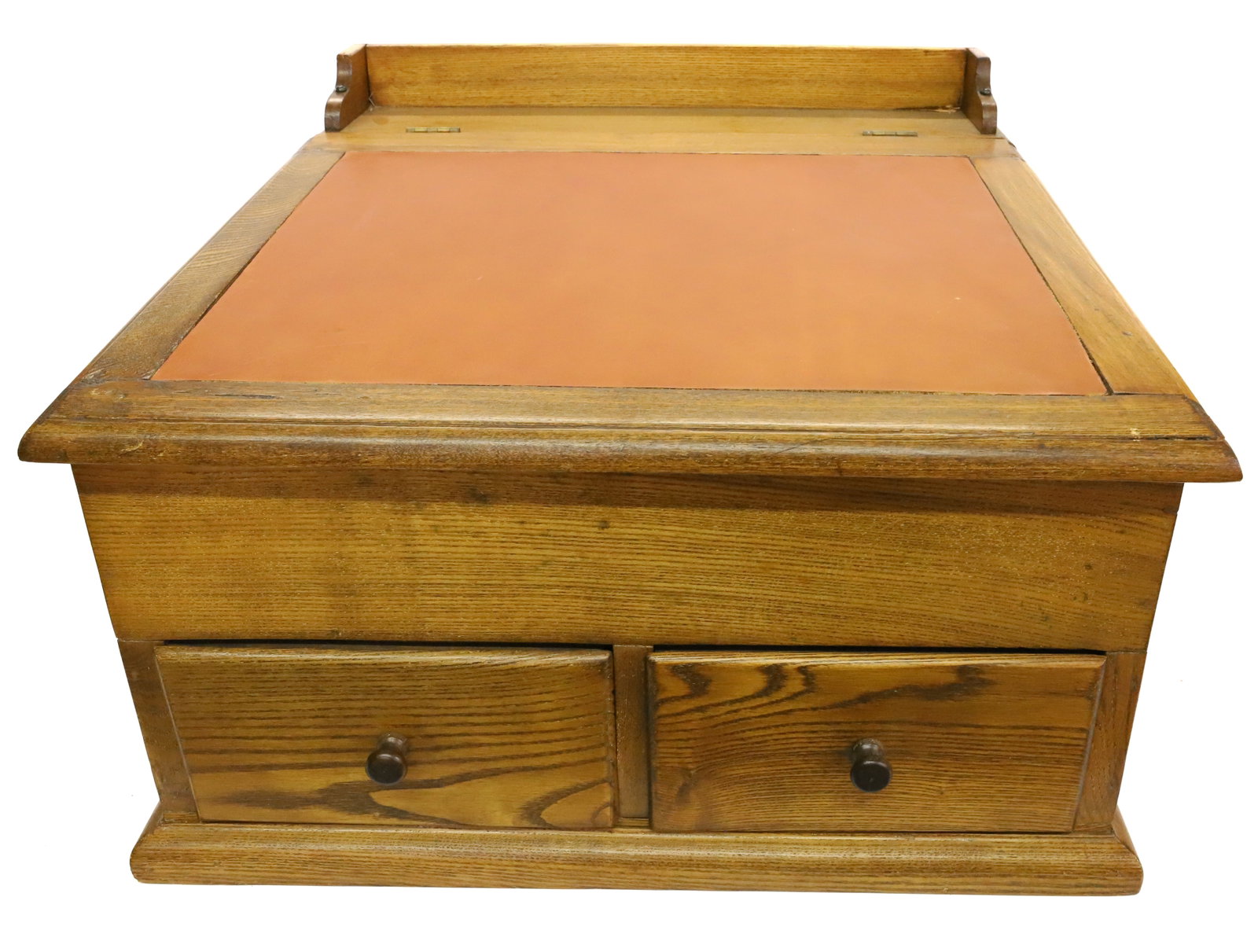 COUNTRY STORE DESK: SLANT LID, LIT TOP, OVER TWO DRAWERS - LEATHER INSERT ON TOP - 13 1/2" X 22" X 20" PLEASE READ CAREFULLY - Terms for Purchasing and Shipping of Auction Items. Please read carefully before bidding. All
