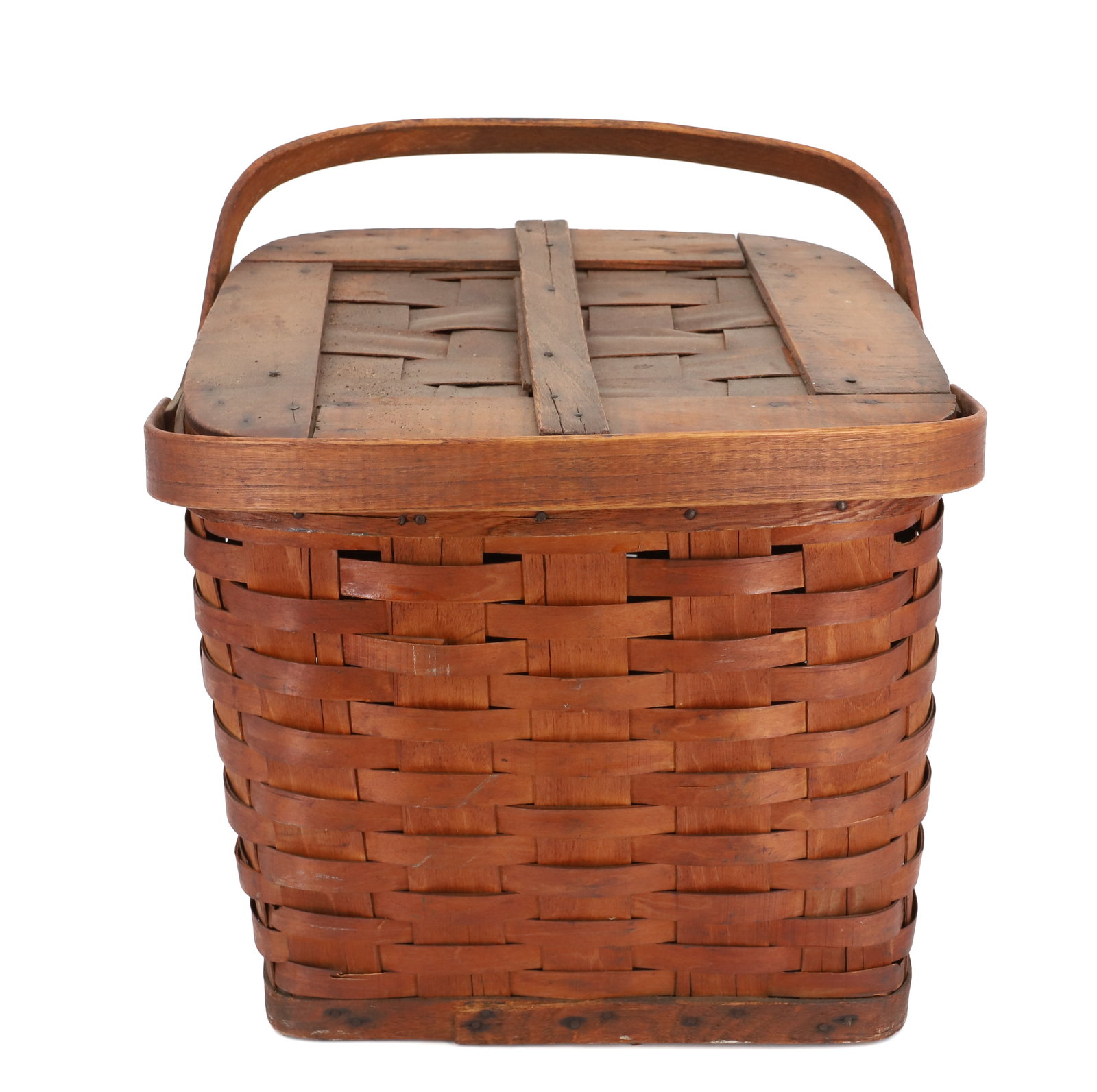 DOUBLE HANDLE SWING BASKET: HINGED LID, ORIGINAL SURACE, 12" X 13" X 13" PLEASE READ CAREFULLY - Terms for Purchasing and Shipping of Auction Items. Please read carefully before bidding. All payments for purchases will be made t