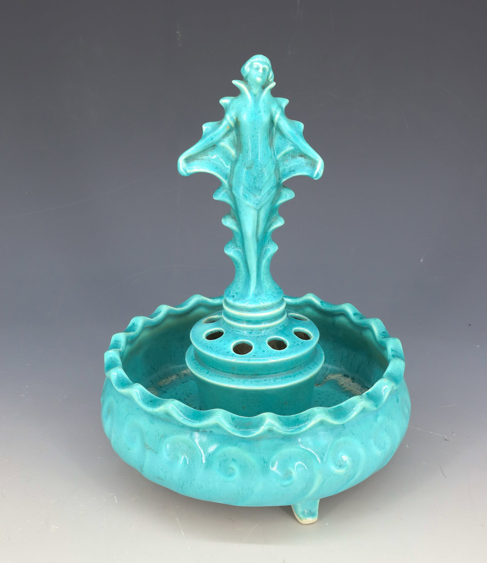 GERMAN ART DECO FLOWER FROG AND BOWL: TWO-PIECE FLOWER FROG AND BOWL (MRKD. ON BOTTOM). 7 1/2" X 6 1/4". PLEASE READ CAREFULLY - Terms for Purchasing and Shipping of Auction Items. Please read carefully before bidding. All payments for pu
