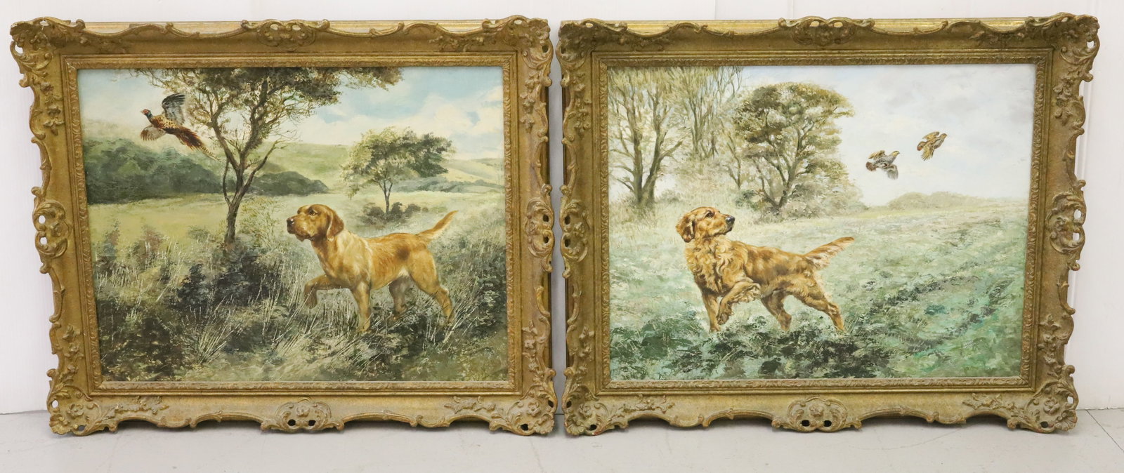(2) OIL ON CANVAS: PAIR OF HUNTING HOUNDS AND BIRDS IN OPEN COUNTRYSIDE SIGNED BY HENRY WILKINSON ENGLAND IN GESSO FRAME 19 3/4" X 25 1/2" PLEASE READ CAREFULLY - Terms for Purchasing and Shipping of Auction Items. Plea