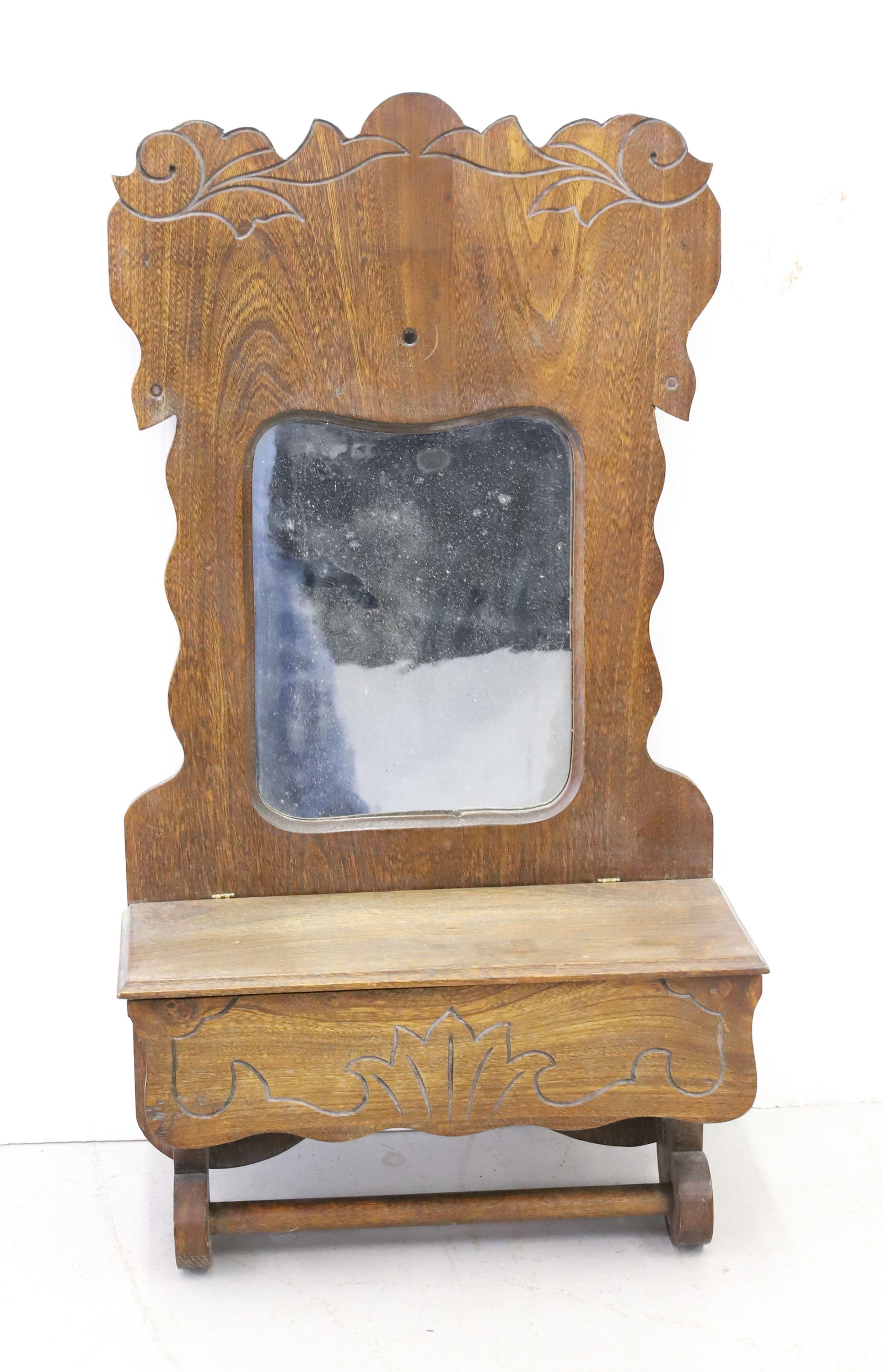 ANTIQUE OAK SHAVING MIRROR: ALL ORIGINAL SOLID OAK WITH LIFT LID BOX , TOWEL RACK 26"H X 14" PLEASE READ CAREFULLY - Terms for Purchasing and Shipping of Auction Items. Please read carefully before bidding. All payments for purc