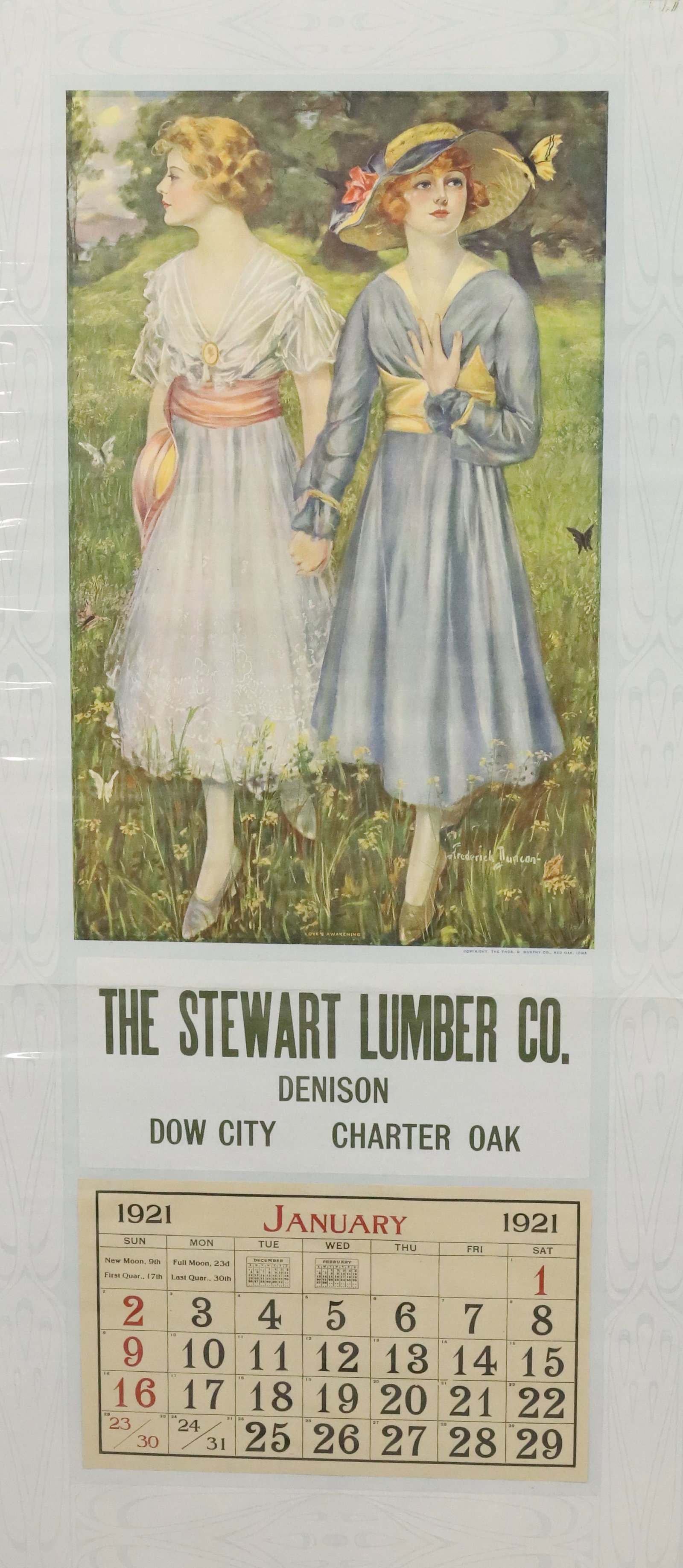 1921 "STEWART LUMBER CO." CALENDAR: FREDERICK DUNCAN PRINT "LOVE'S AWAKENING". 32 1/2" X 14 1/2". PLEASE READ CAREFULLY - Terms for Purchasing and Shipping of Auction Items. Please read carefully before bidding. All payments for purchas