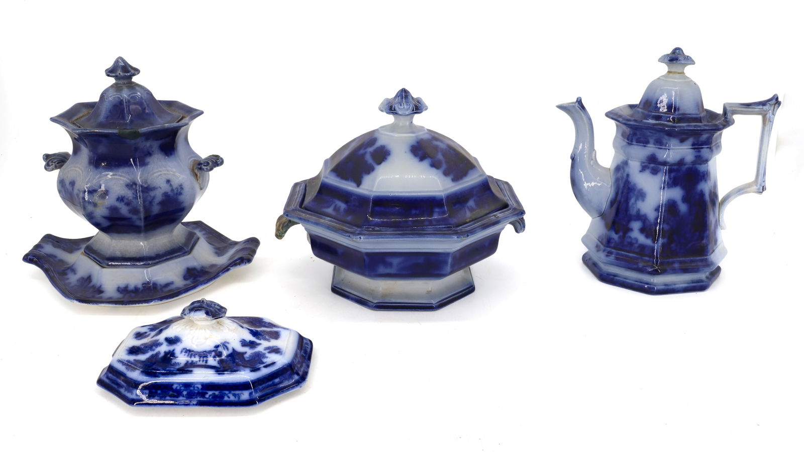 LOT OF EARLY FLOW BLUE: (5) PIECES INCLUDING - TEA POT, COVERED TUREEN, SUGAR BOWL, LID, AND UNDER PLATE - TEAPOT MEASURES 8 3/4" PLEASE READ CAREFULLY - Terms for Purchasing and Shipping of Auction Items. Please read carefu