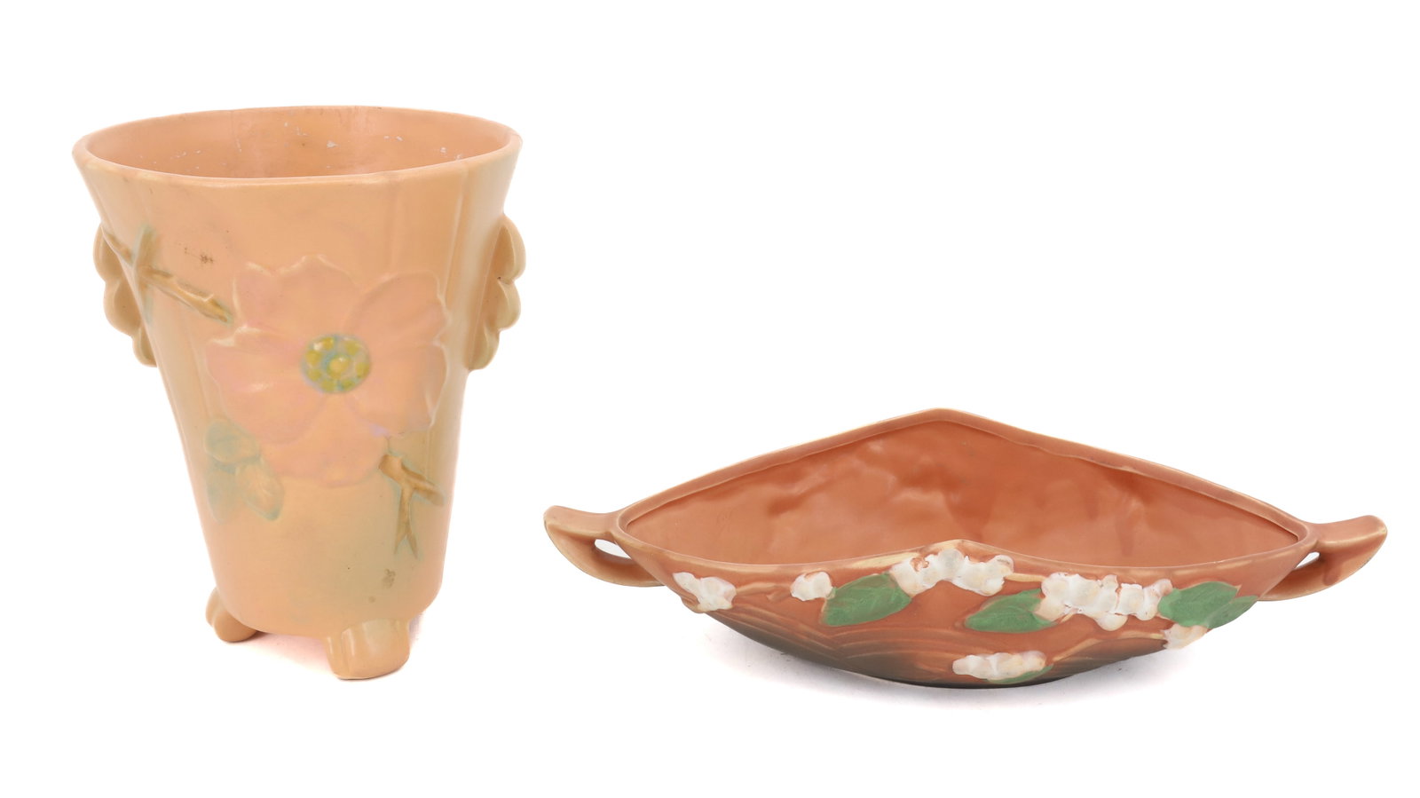 ROSEVILLE AND WELLER POTTERY LOT: FLORAL WELLER VASE ( 7 3/4") AND ROSEVILLE 18L1-10 CONSOLE BOWL PLEASE READ CAREFULLY - Terms for Purchasing and Shipping of Auction Items. Please read carefully before bidding. All payments for purch