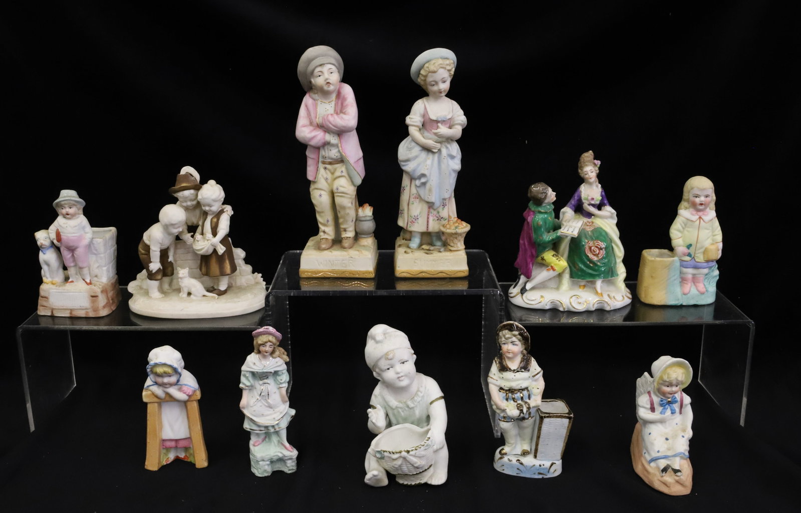 LOT OF PAINTED BISQUE FIGURES: VARIOUS SIZES AND MARKINGS - TALLEST 7 1/2" - (11) TOTAL PIECES PLEASE READ CAREFULLY - Terms for Purchasing and Shipping of Auction Items. Please read carefully before bidding. All payments for purch