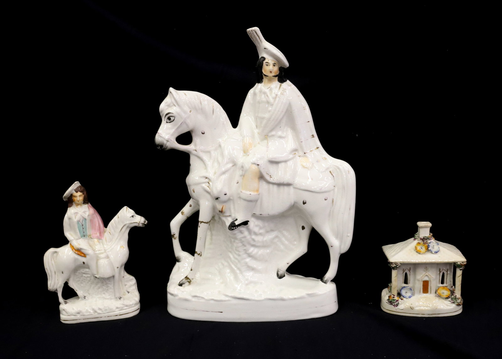 (3) STAFFORDSHIRE FIGURES: MAN RIDING HORSE (14 1/2" X 10"), SMALLER MAN ON HORSE, AND HOUSE WITH COLUMNS PLEASE READ CAREFULLY - Terms for Purchasing and Shipping of Auction Items. Please read carefully before bidding. All pay