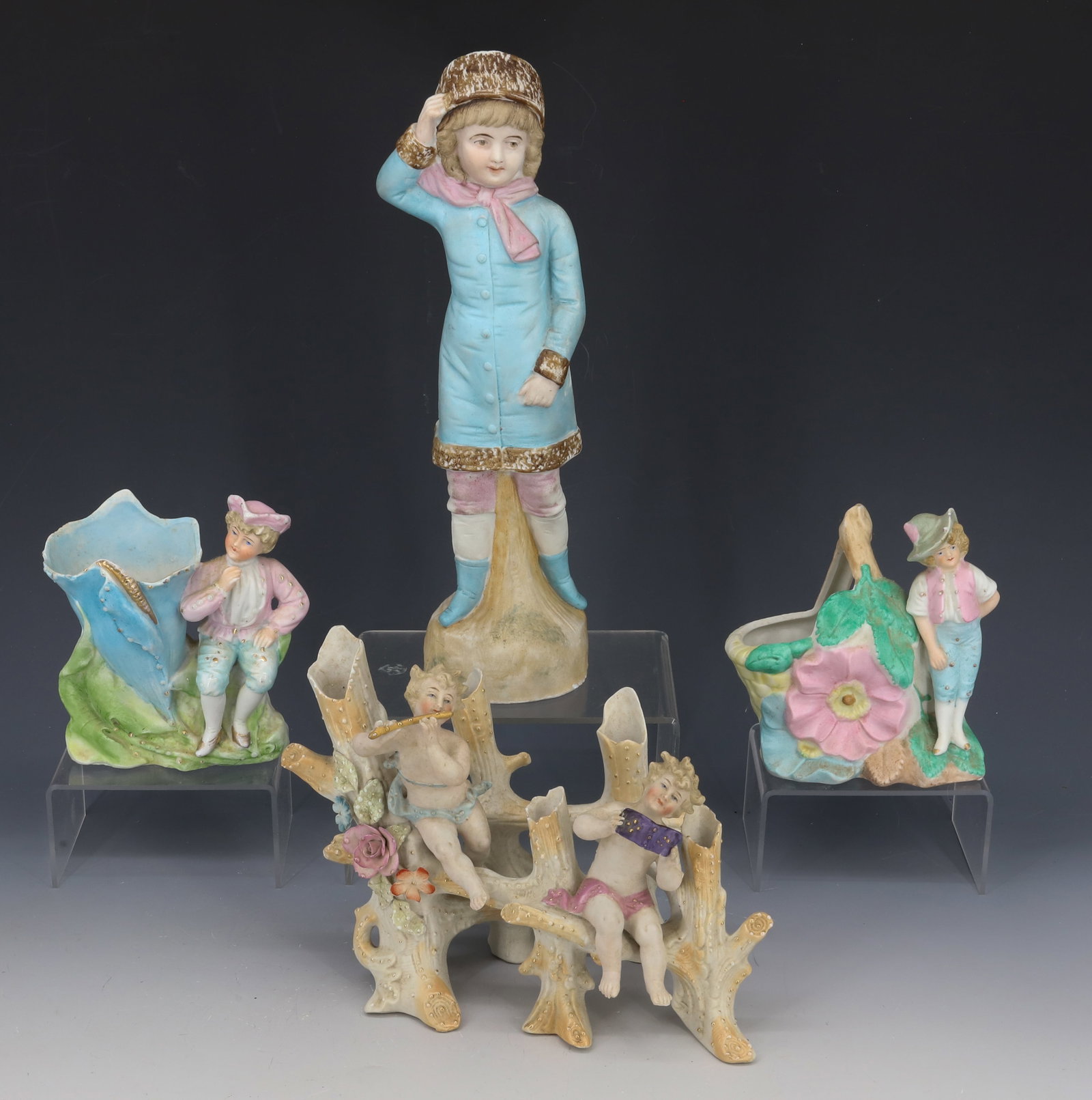 (4) PAINTED BISQUE FIGURES: INCLUDING; LARGE GIRL WITH HAT ( 11 1/2" ) AND (3) UNMARKED VASES ( LARGEST 6" X 8 1/2") PLEASE READ CAREFULLY - Terms for Purchasing and Shipping of Auction Items. Please read carefully before biddin