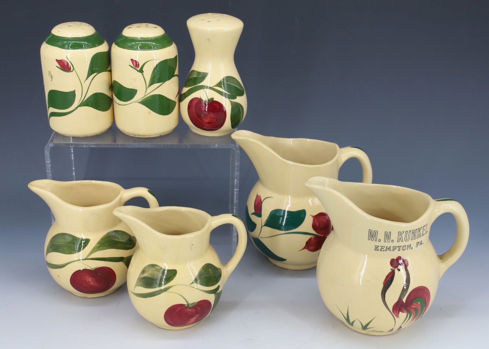 LOT OF (7) PIECES OF WATT WARE: INCLUDING; CREAMERS, PITCHERS, (ADVERTISING; MN KUNKLE KEMPTON, PA) SALT SHAKER, AND (2) PEPPER SHAKERS - LARGEST PITCHER 5 1/2" H PLEASE READ CAREFULLY - Terms for Purchasing and Shipping of Auction