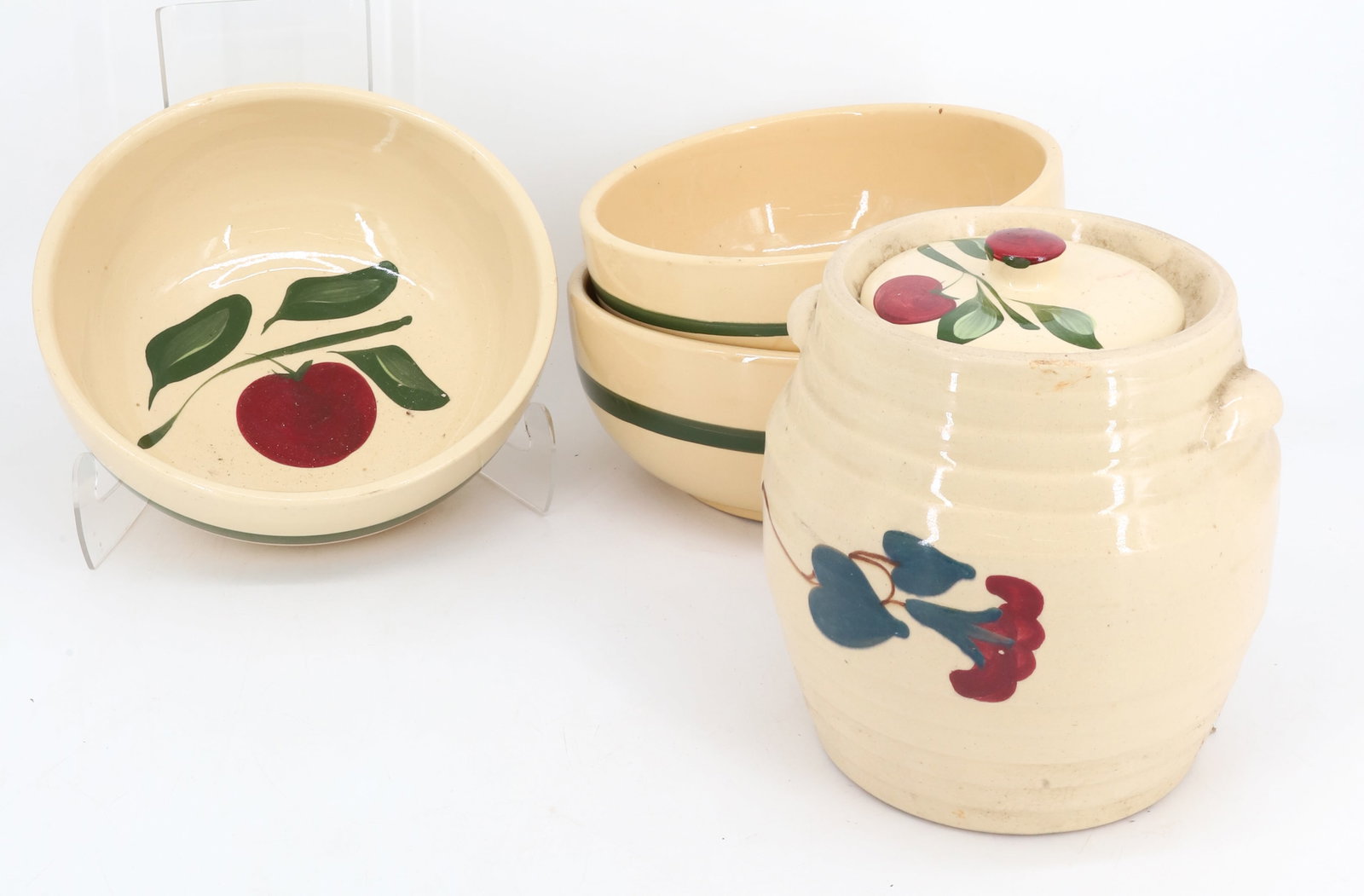 LOT OF WATT WARE: APPLE AND MORNING GLORY PATTERN; COOKIE JAR AND (3) BOWLS (9 3/4" D) PLEASE READ CAREFULLY - Terms for Purchasing and Shipping of Auction Items. Please read carefully before bidding. All payments for 