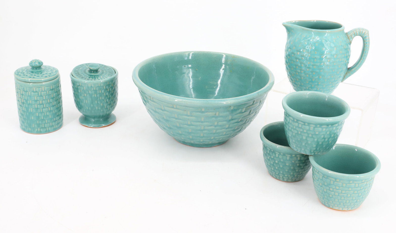 GREEN BASKET WEAVE POTTERY LOT: INCLUDING; MIXING BOWL, CUSTARD CUPS, PITCHER AND MORE PLEASE READ CAREFULLY - Terms for Purchasing and Shipping of Auction Items. Please read carefully before bidding. All payments for purchases will